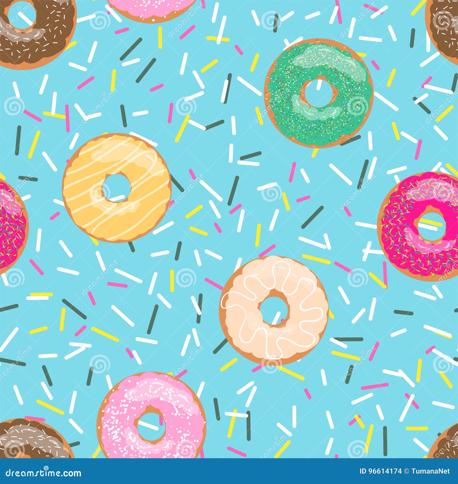 Seamless Pattern Blue Bright Tasty Vector Donuts and Sprinkles Background  in Cartoon Style for Menu in Cafe and Shop. Stock Vector - Illustration of  cake, candy: 96614174