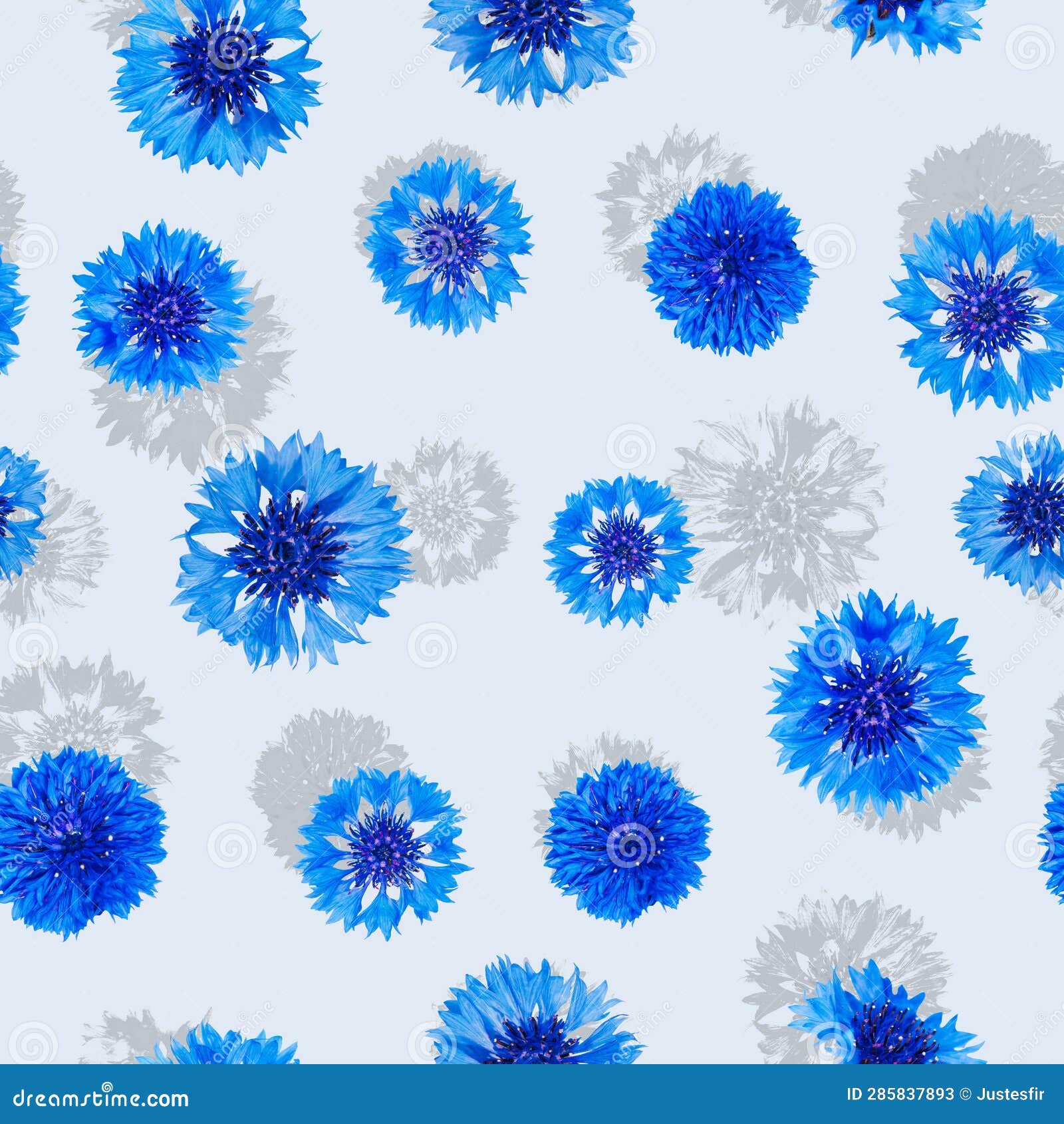 Seamless Pattern of Blue Cornflower Flowers with Shadow on Light Blue