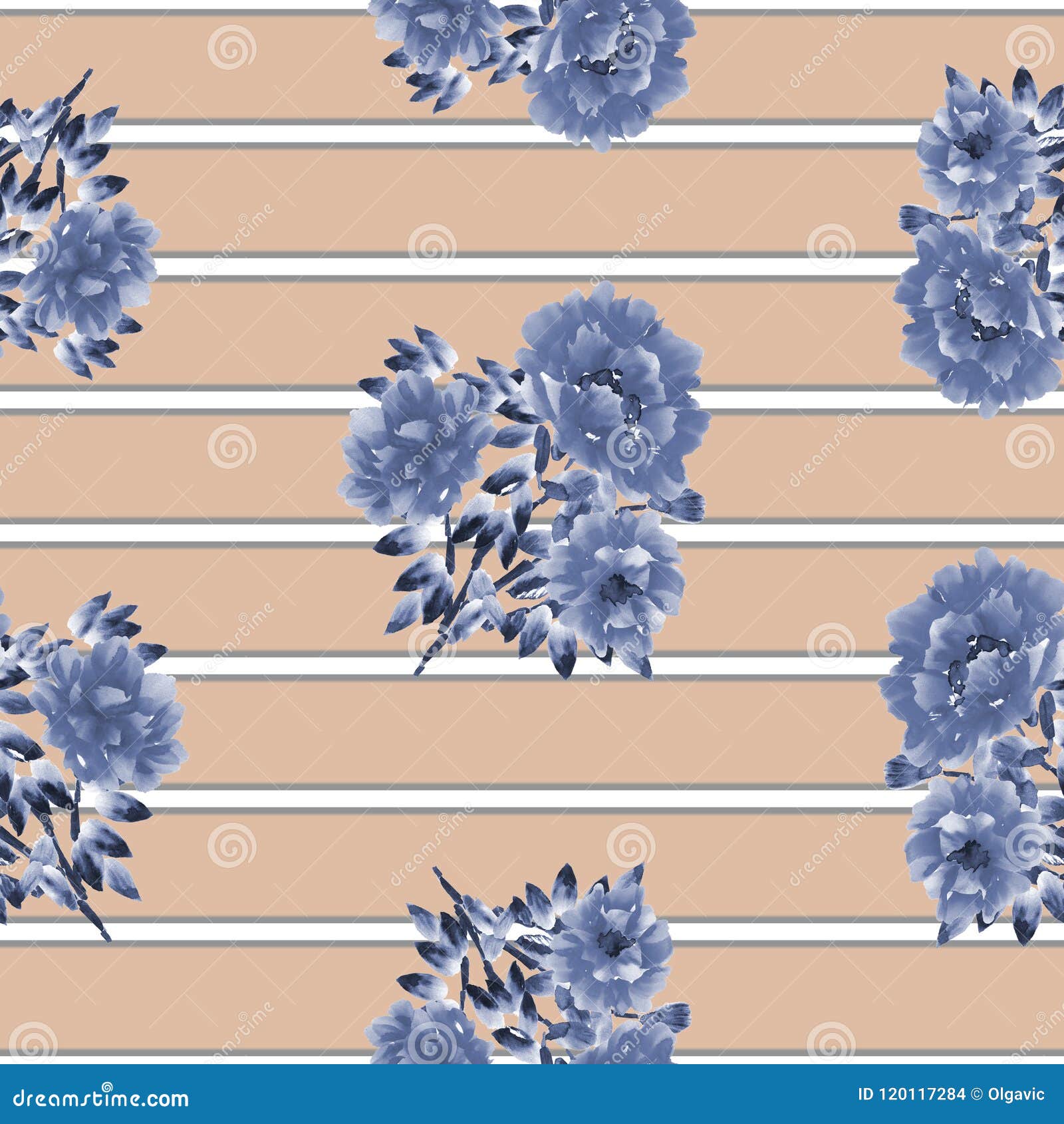 Seamless Pattern of Blue Flowers of Peony on a Beige Background with Gray  and White Horizontal Stripes. Watercolor Stock Illustration - Illustration  of background, leaves: 120117284