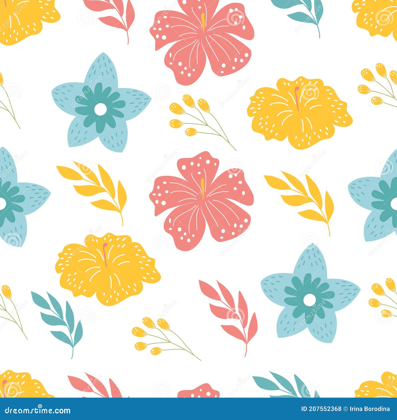 seamless pattern with blue, red, yellow flowers