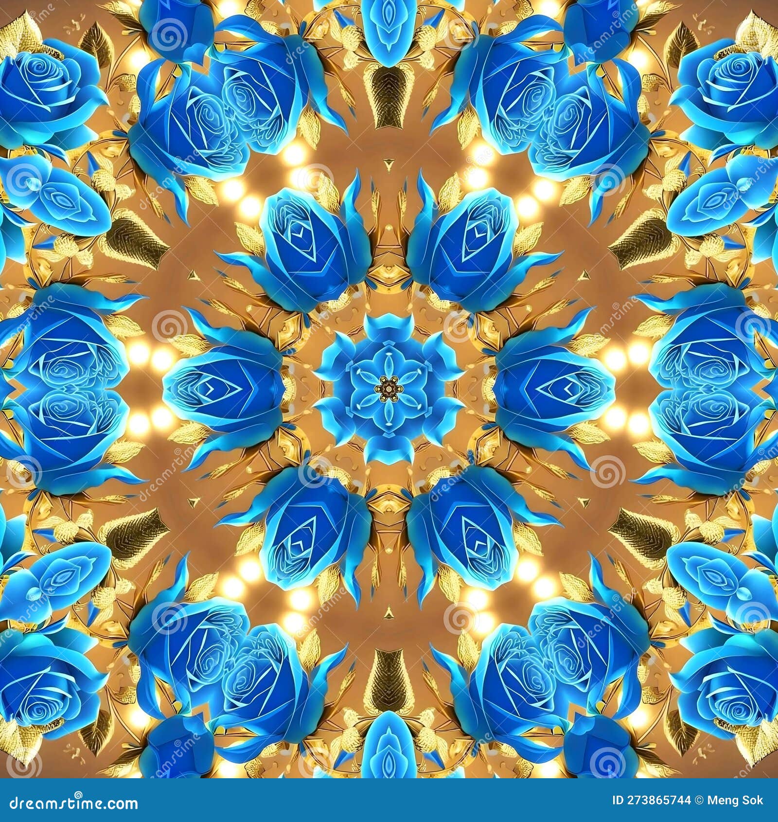 A Seamless Pattern with Blue Roses on a Gold Background. Stock