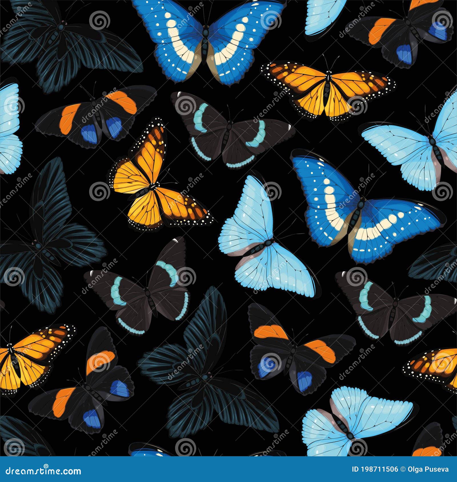 Seamless Pattern with Blue and Yellow Butterflies Stock Vector