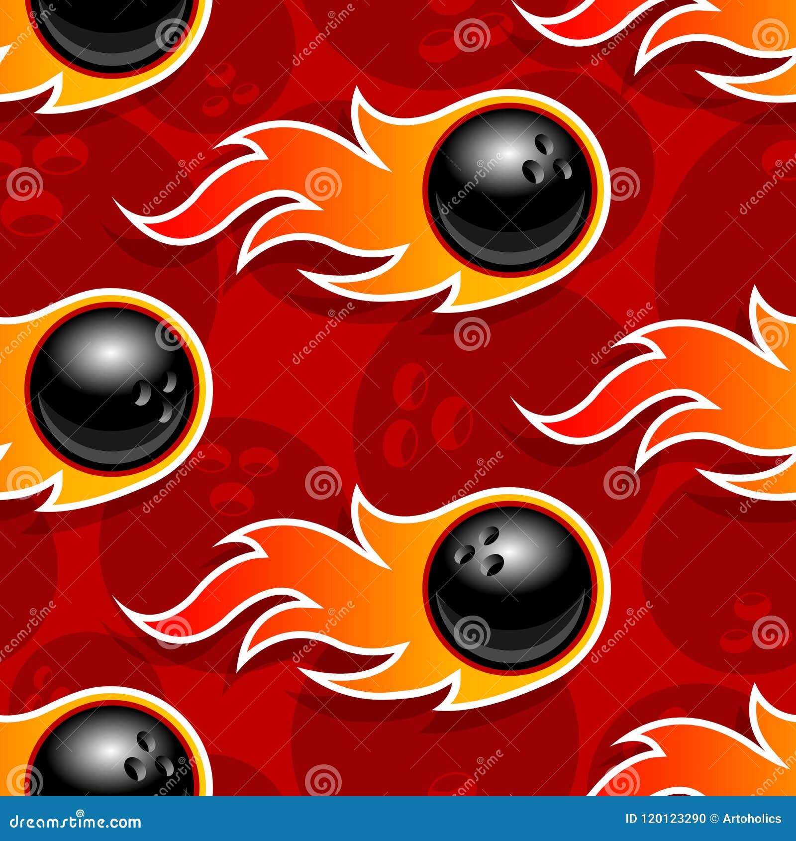 Seamless Vector Pattern with Bowling Ball Icons and Flames. Stock