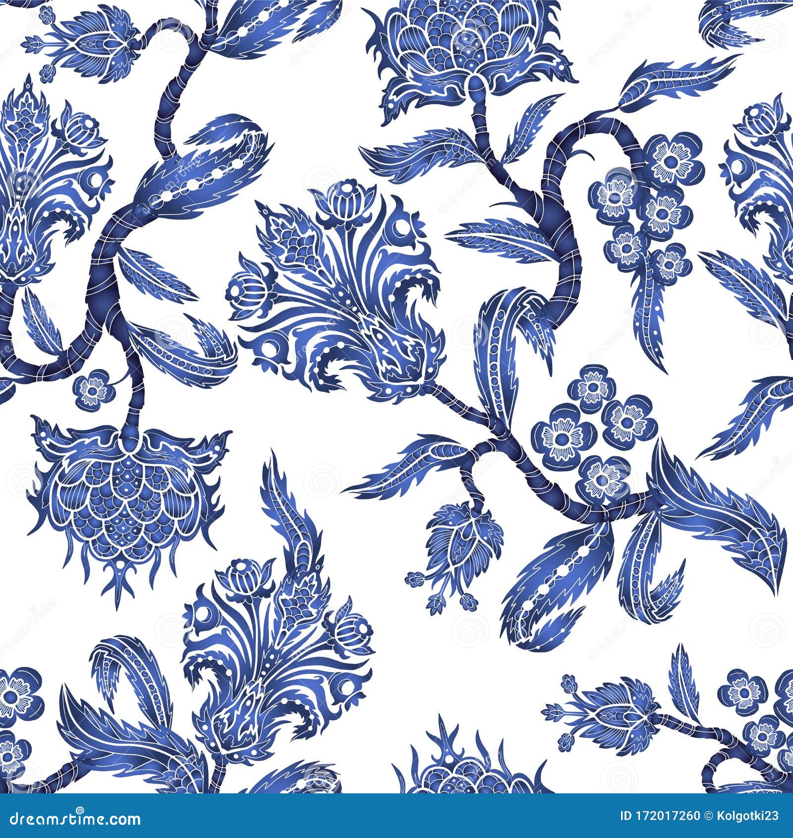 seamless pattern with branches flowers in chinoiserie style. japanese blue ceramic print.