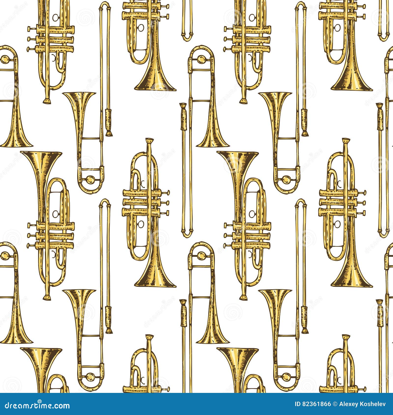 Seamless Pattern with Brass Trumpets and Trombones Stock Vector Illustration of pattern, blues