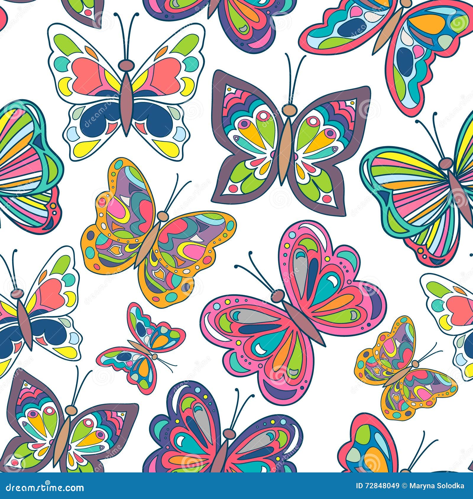 Seamless Pattern with Bright Butterflies on White Background. Vector ...