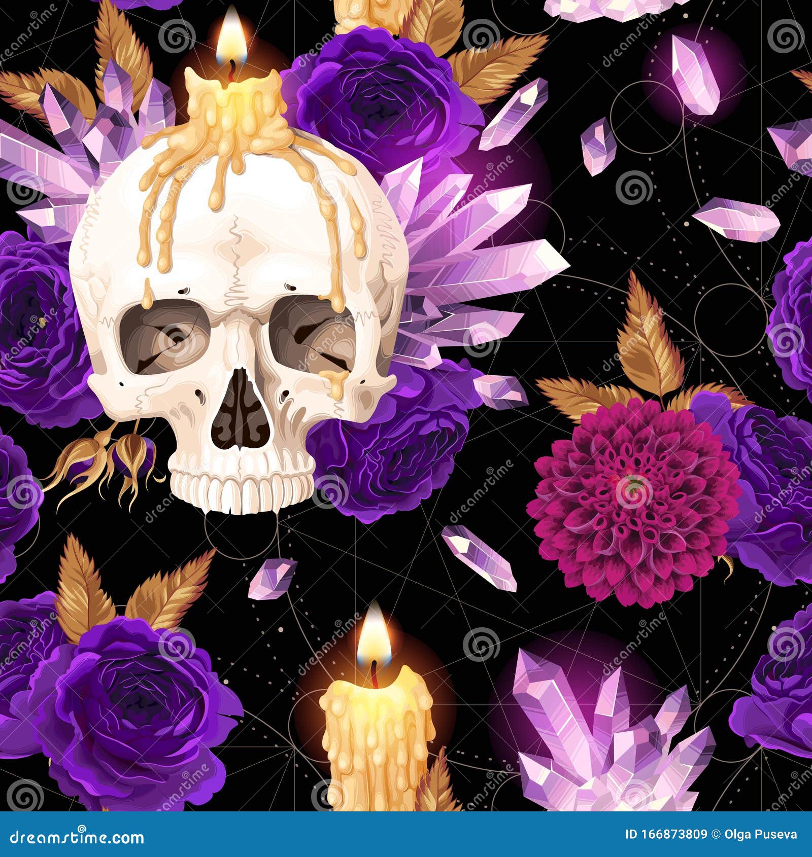 Seamless Pattern with Candle and Human Skull Stock Vector Illustration of bone, violet 166873809