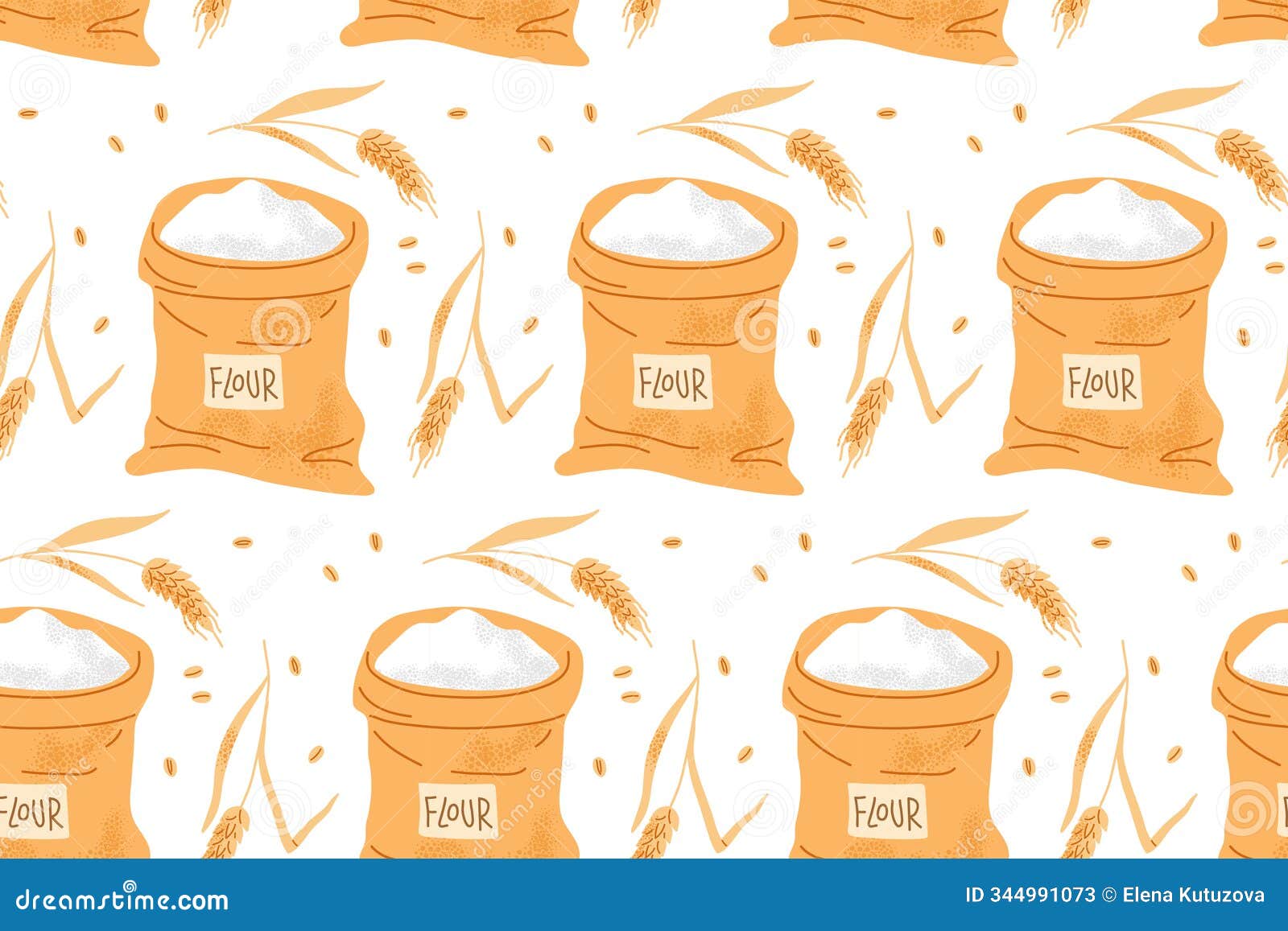 seamless pattern with canvas bag of flour, ears, grains. bread and harvest agricultural  flour. flat  repeated