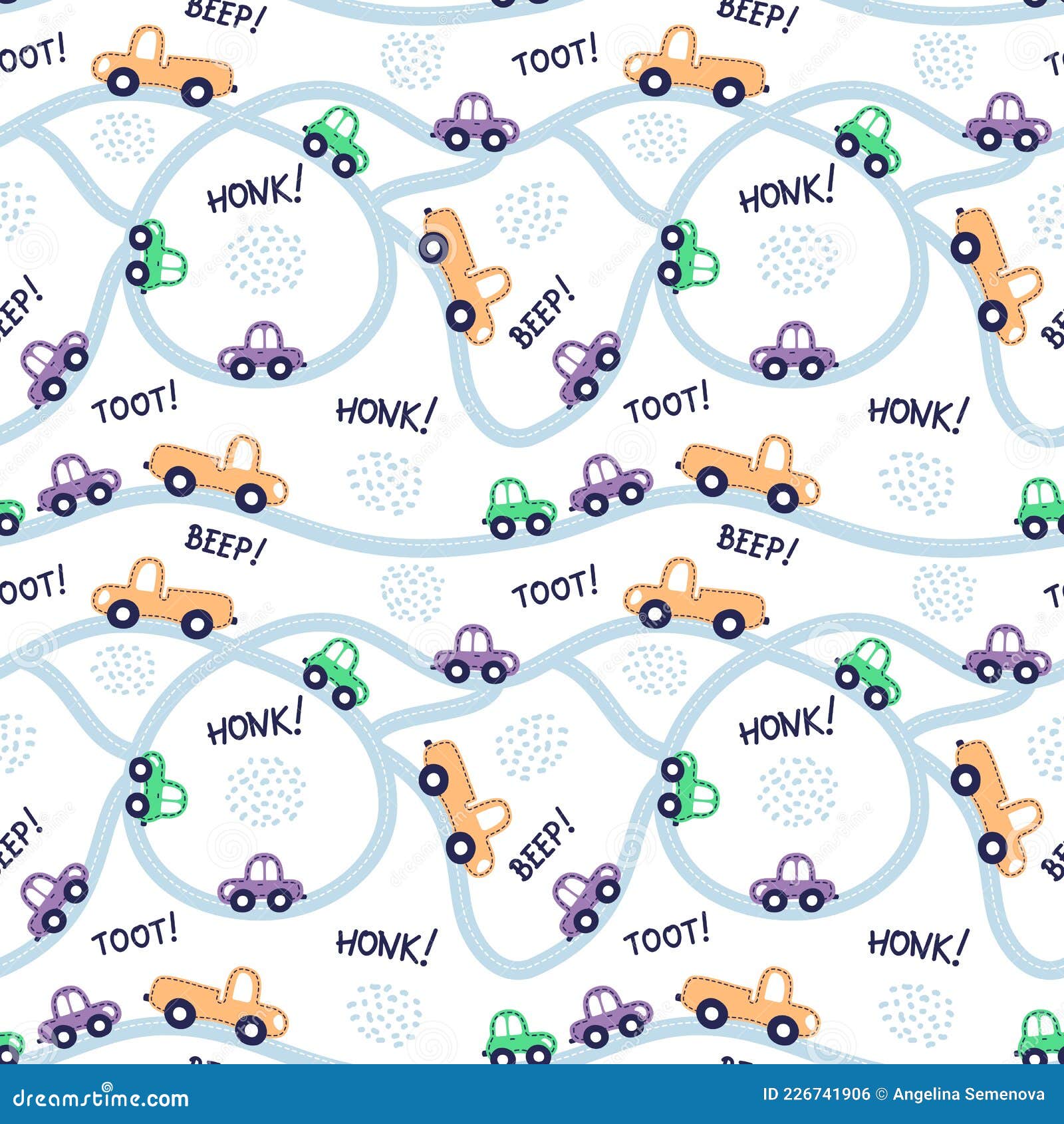seamless pattern with cars, road, words toot, beep.  kids background