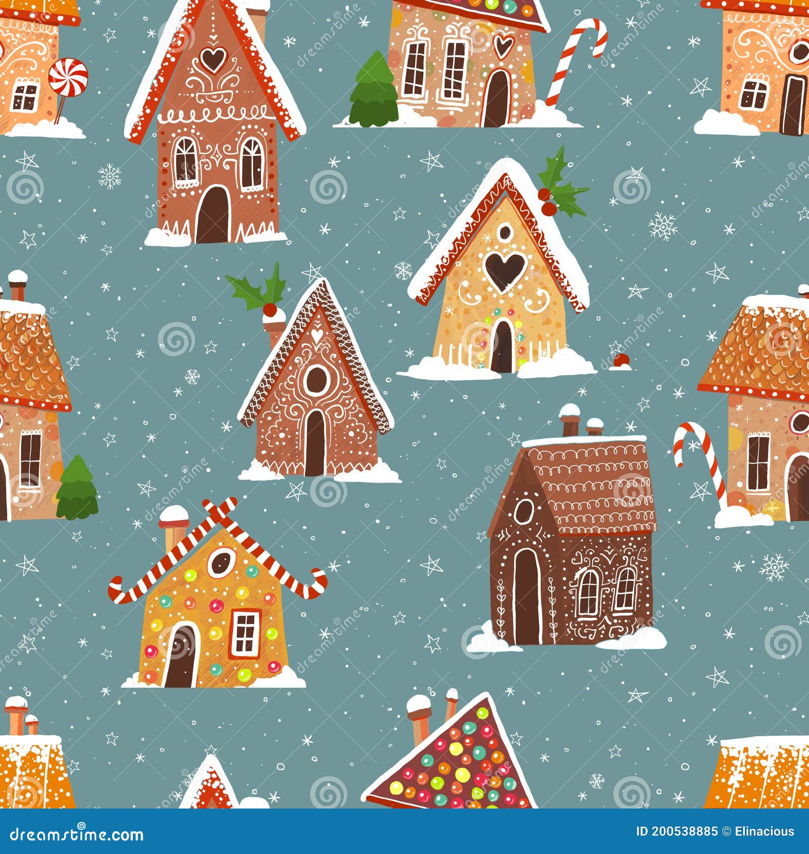 Seamless vector pattern with cute gingerbread houses and cookies on dark  green background Perfect for textile wallpaper or print design Stock  Vector  Adobe Stock