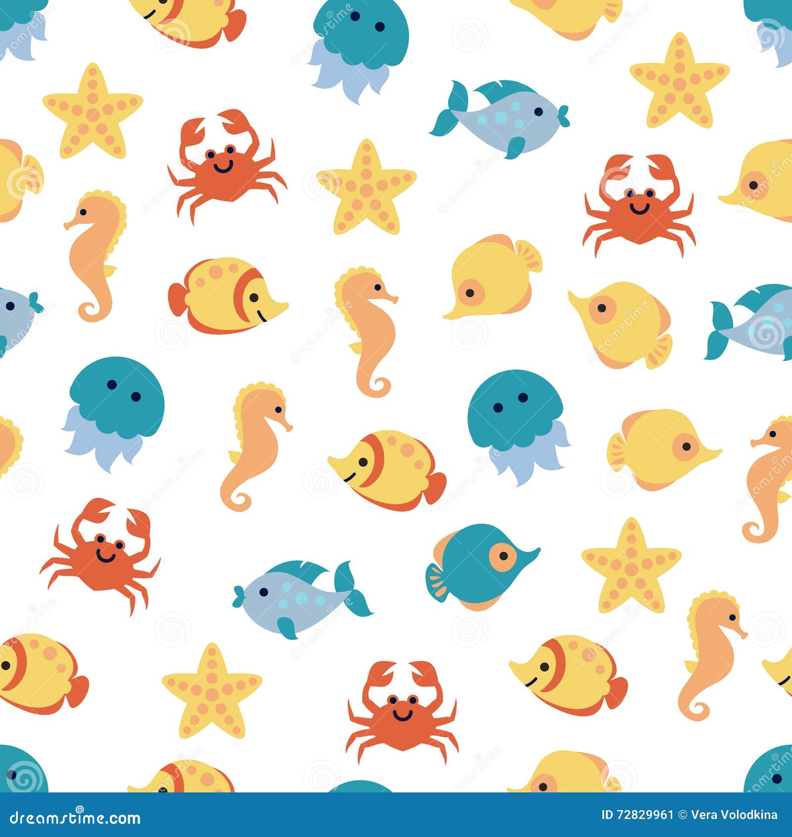 Seamless Pattern With Cartoon Sea Animals On White Background. Stock Vector  Illustration of 