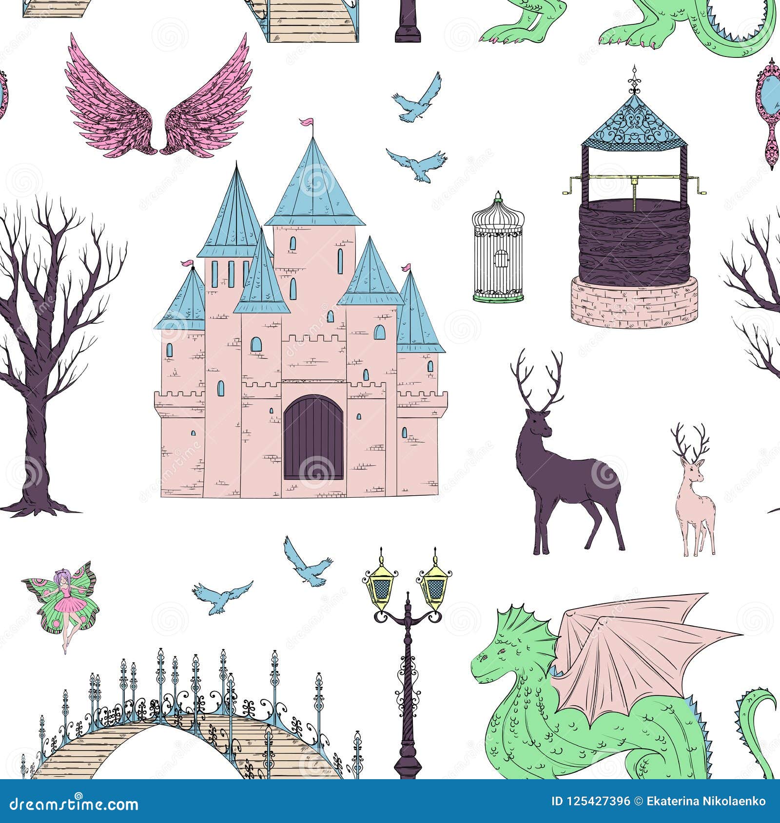 seamless pattern with castle, dragon, fairy, deers, lantern, tree, birds and bridge. fairy tale theme.