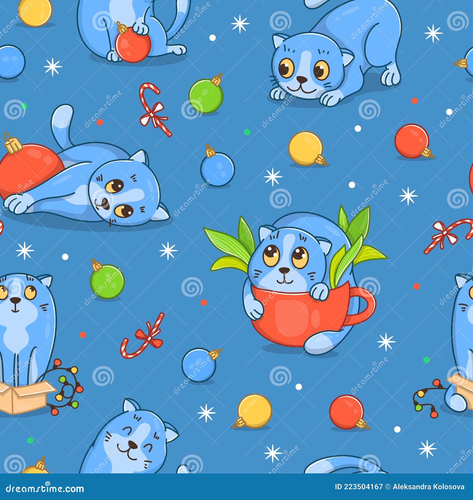 Seamless Pattern with a Cat and Christmas Balls. Stock Vector