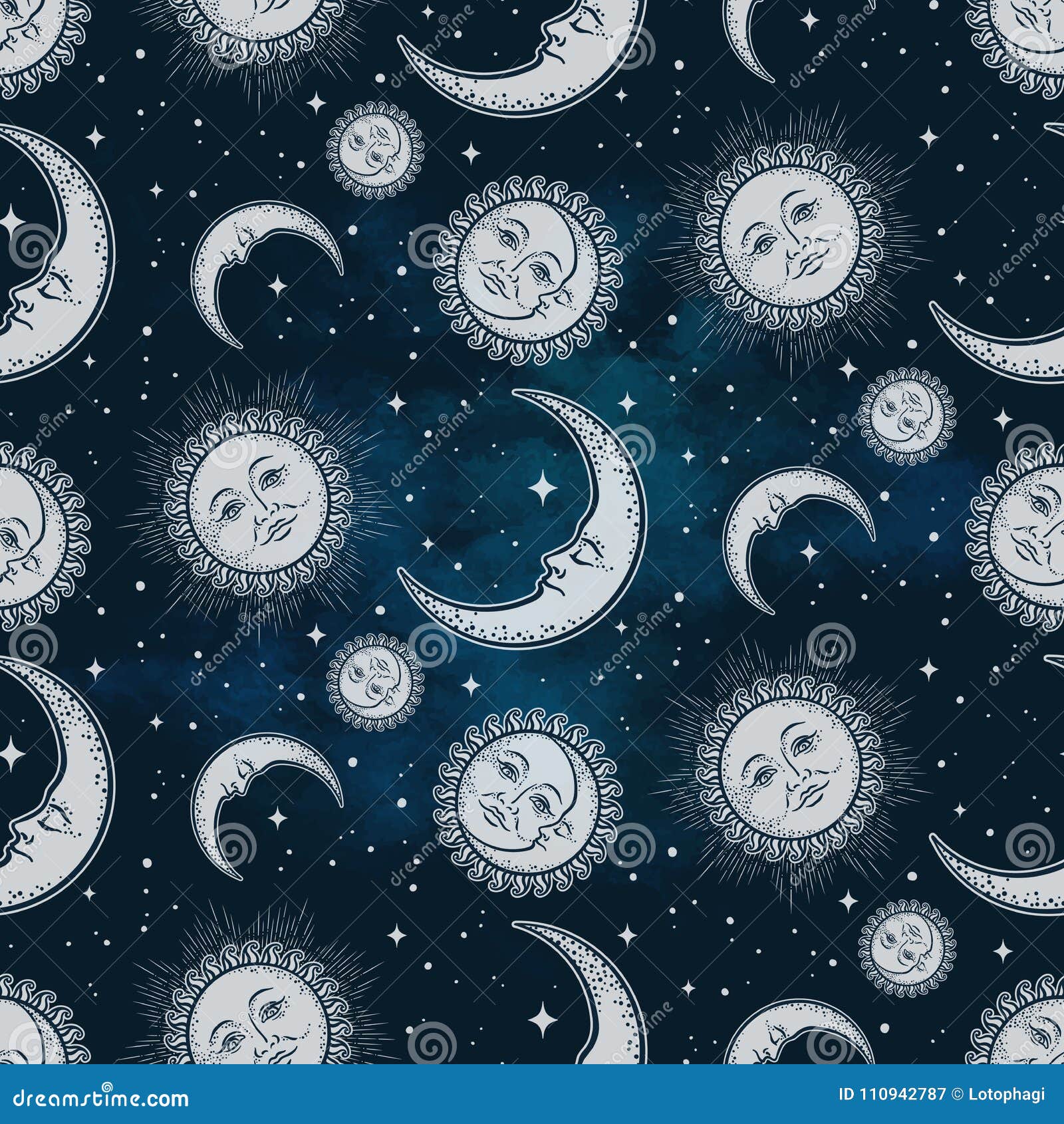 seamless pattern with celestial bodies - moon, sun and stars over blue night sky background. boho chic fabric print, wrapping pape
