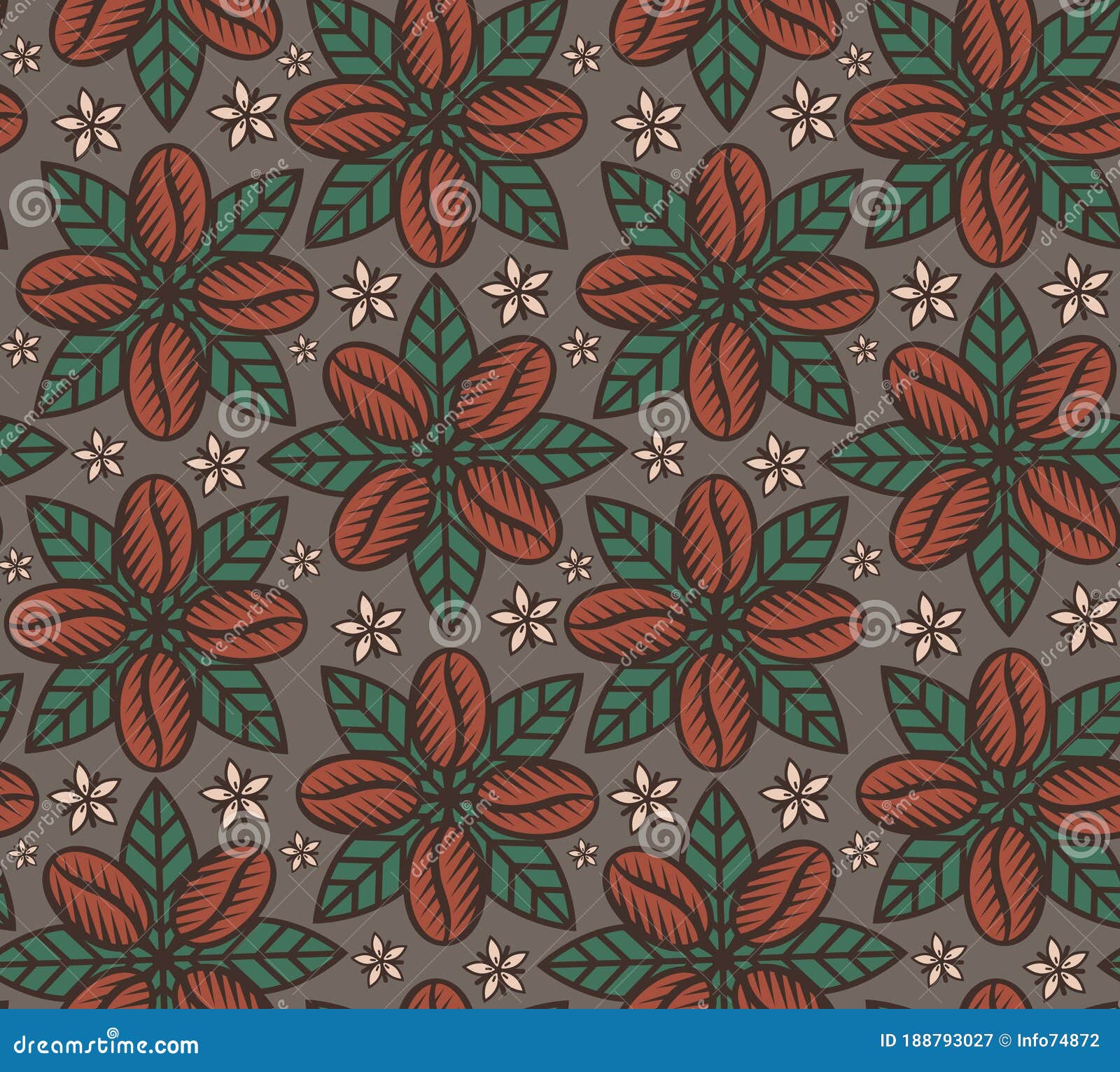 Seamless Pattern with Coffee Beans, Coffee Leaves and Coffee Blossoms Stock Vector