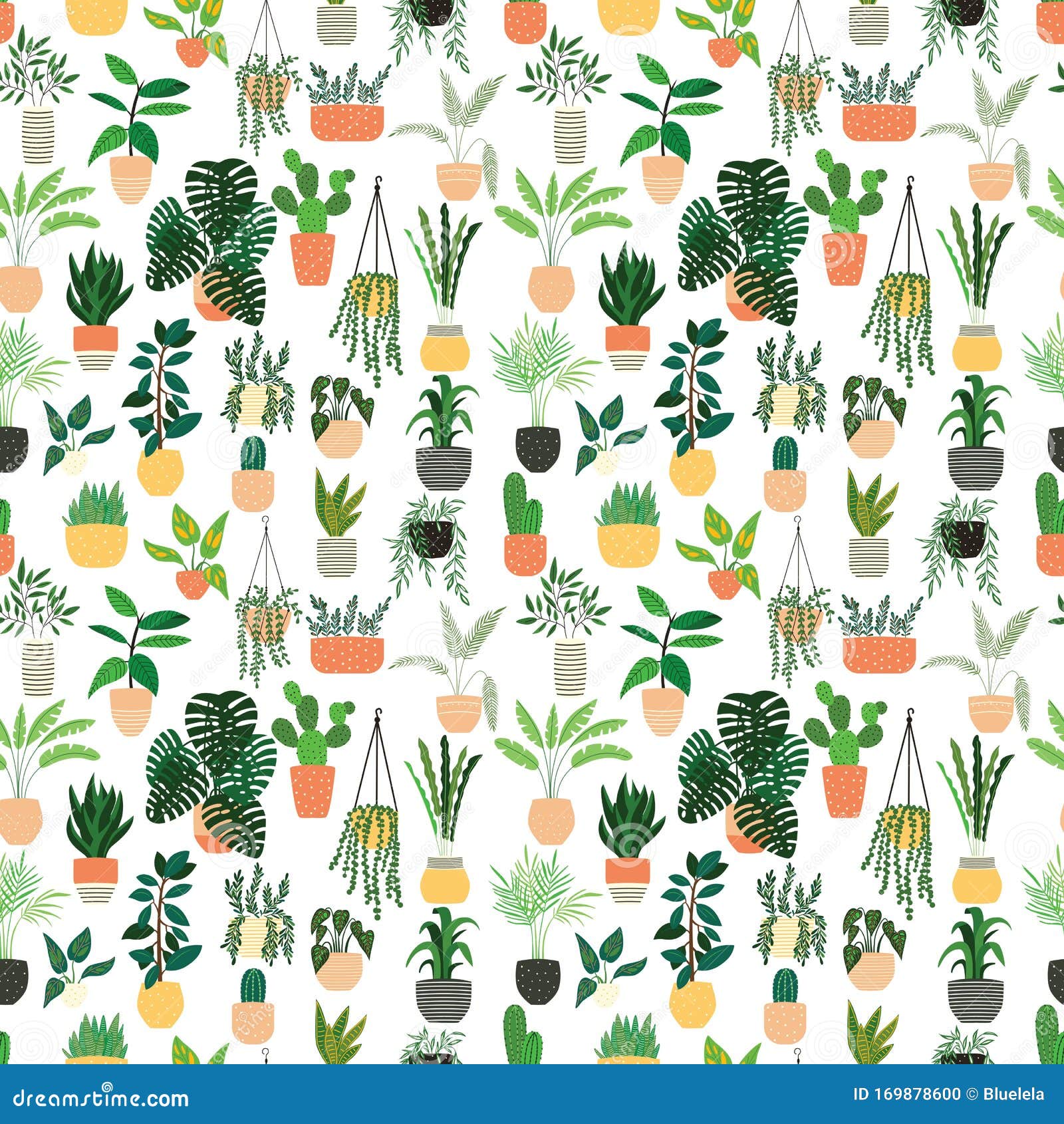 seamless pattern with collection of hand drawn indoor house plants on white background. collection of potted plants. flat 