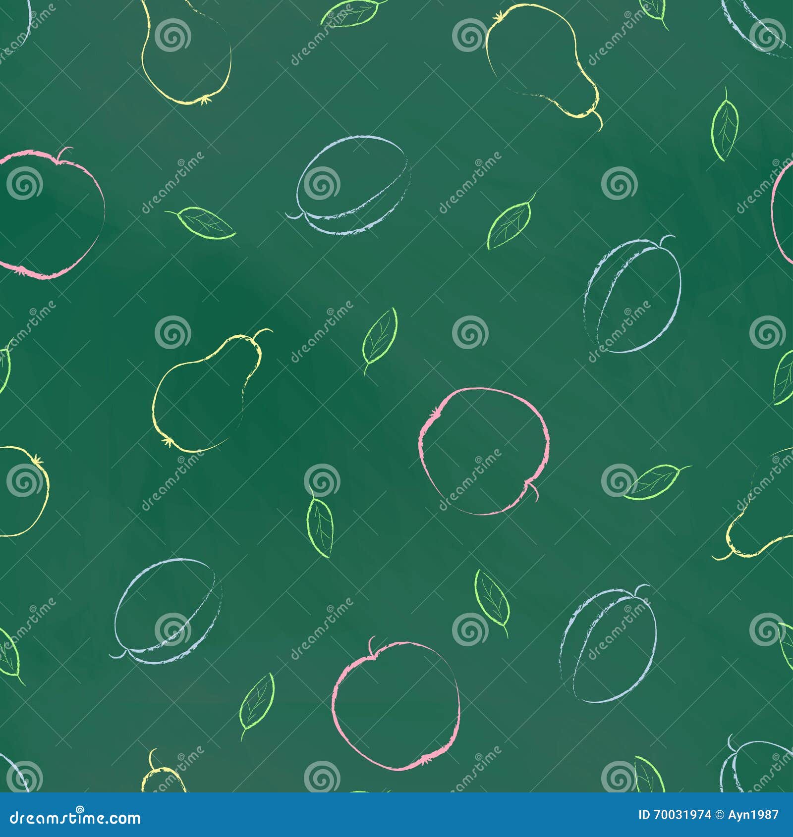 Seamless Pattern with Color Chalk Drawings Fruit on Green Board Stock