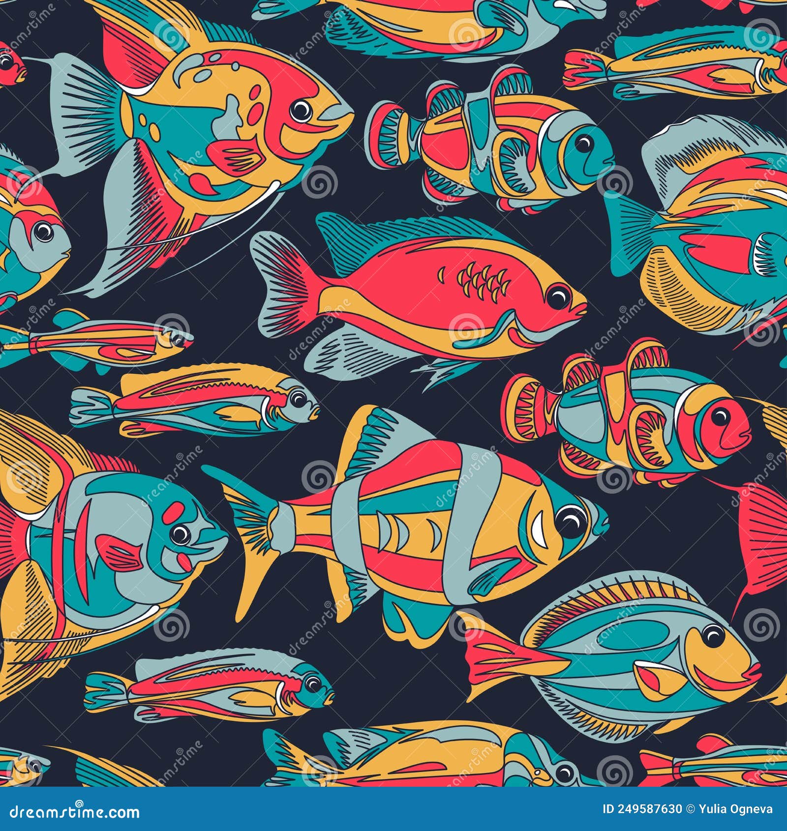 Seamless Pattern with Color Fish Isolated on a Black Background. Stock Vector Illustration of