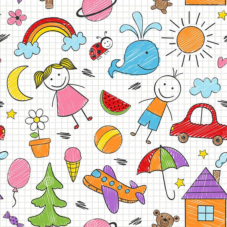 Seamless Pattern with Colored Kids Drawings Stock Vector - Illustration ...