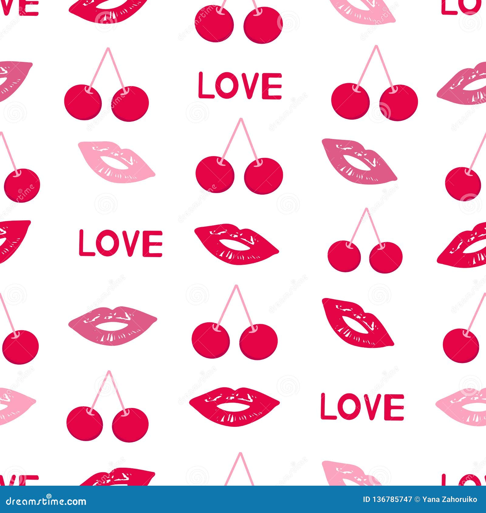 Seamless Pattern with Colorful Lips, Cherries, Words Love Stock Vector ...