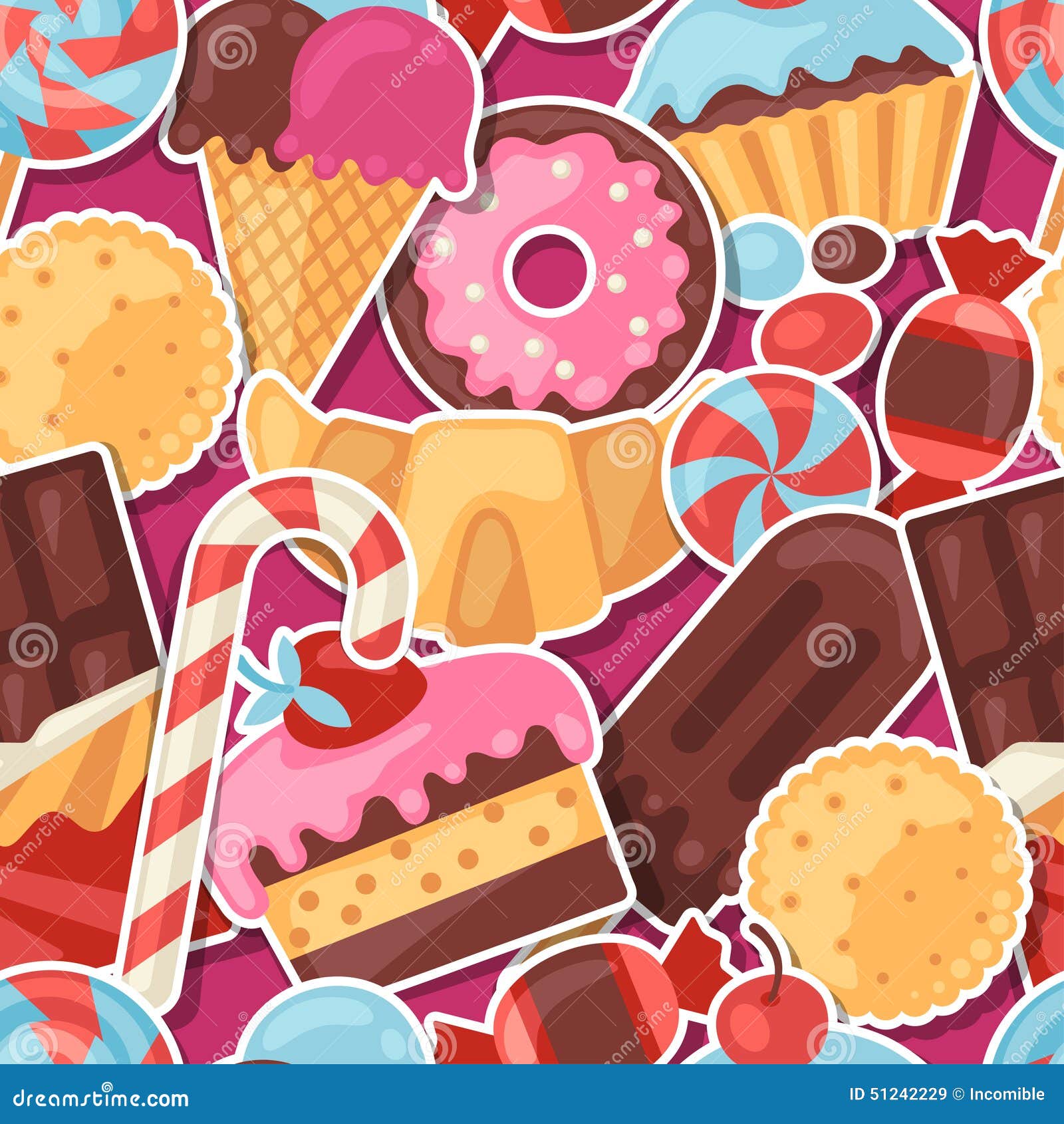 Seamless Pattern Colorful Sticker Candy, Sweets Stock Vector