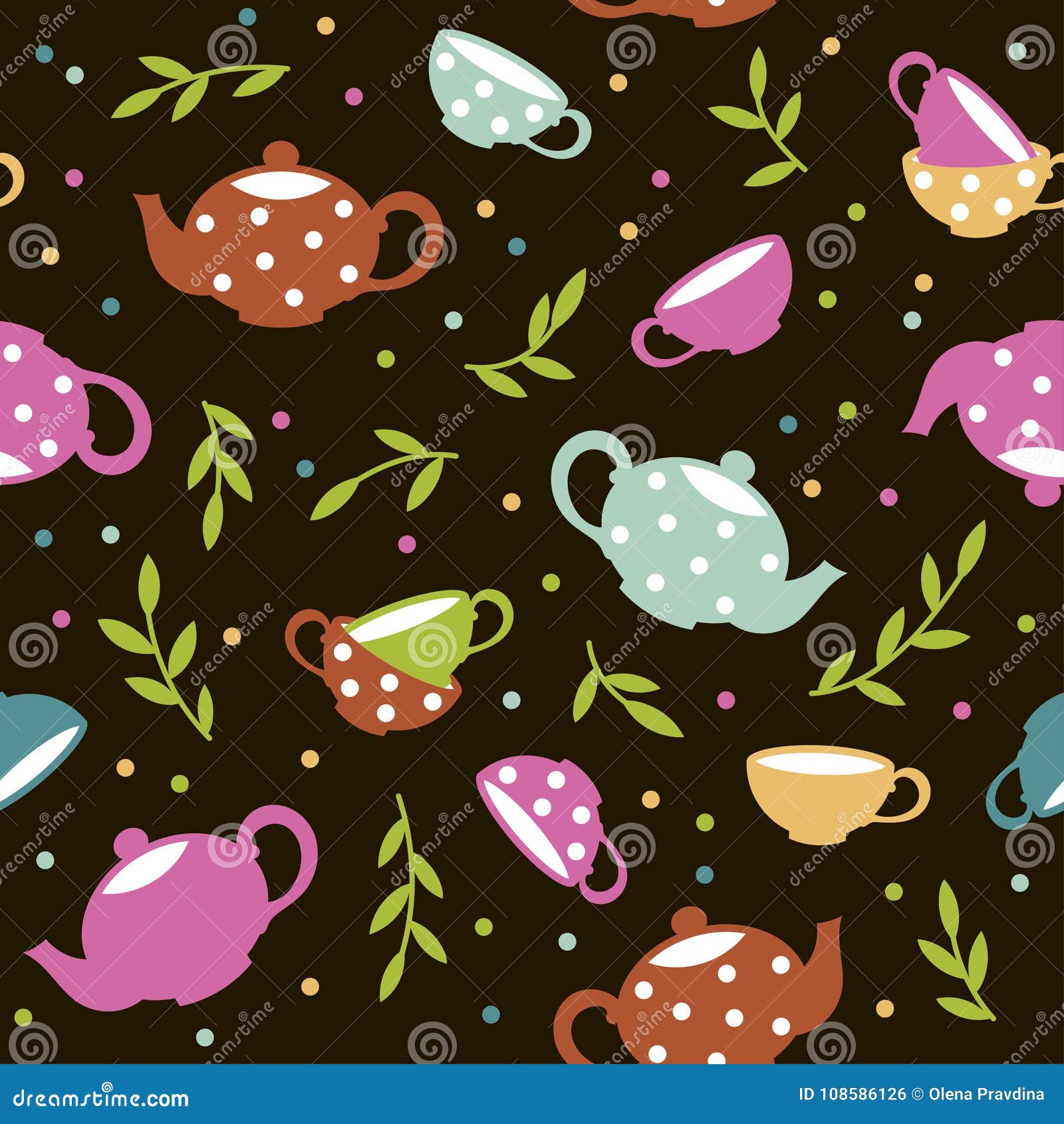 seamless pattern with colorful teapots and cups.  template