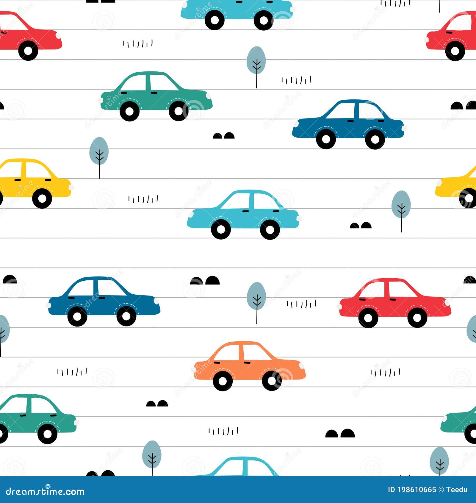 Seamless Pattern Colorful Vintage Car and Small Trees on a White