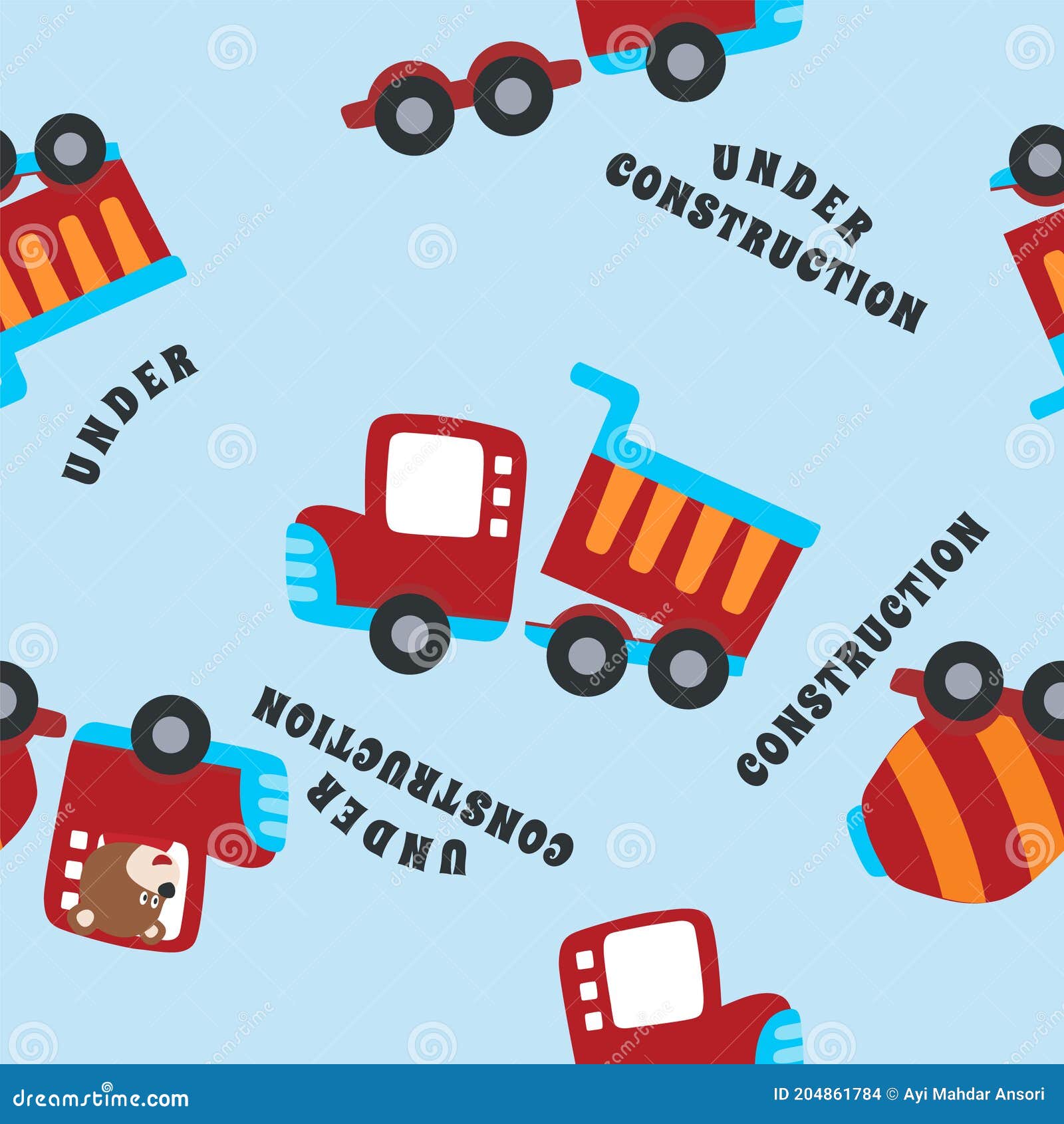 seamless pattern of construction vehicle cartoon with funny animals woorker. creative  childish background for fabric 
