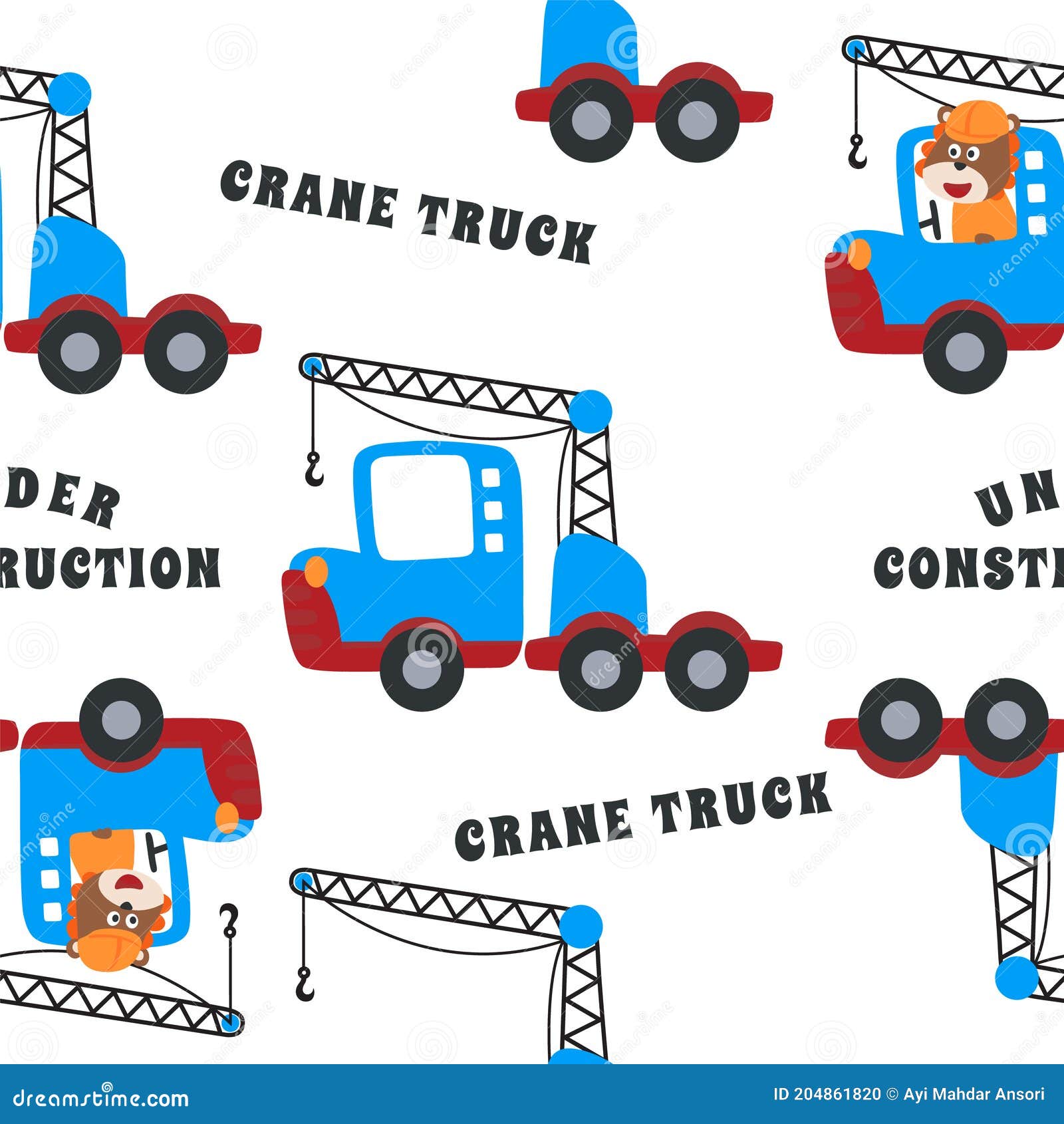 seamless pattern of construction vehicle cartoon with funny animals woorker. creative  childish background for fabric 