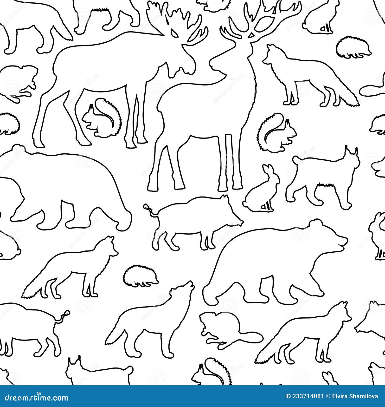Seamless Pattern with Contour of Forest Animals, Coloring Page Stock ...