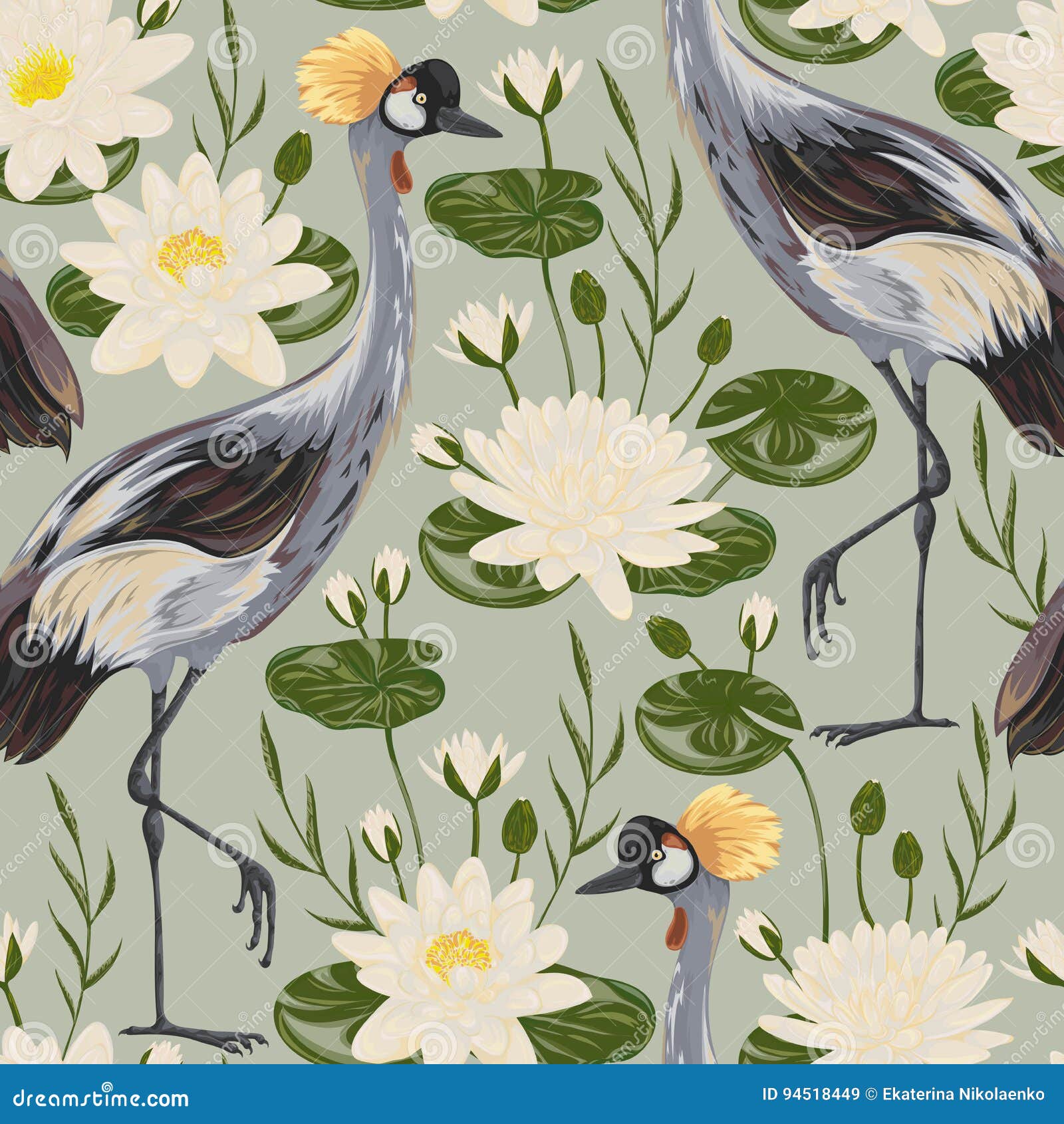 seamless pattern with crane bird and water lily. oriental motif.