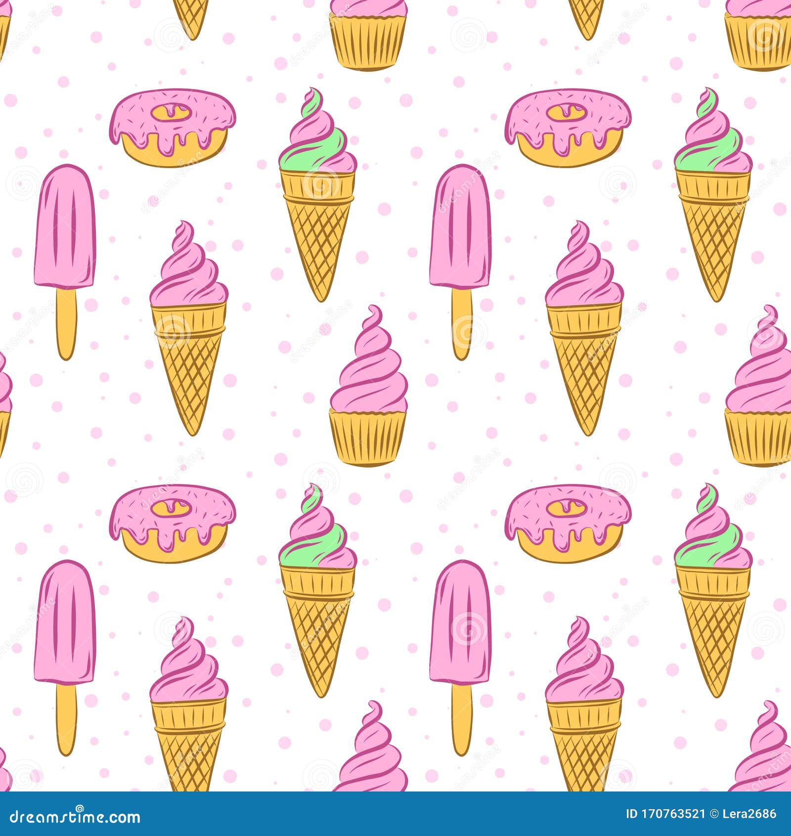 Seamless Pattern of Cupcakes, Ice Cream in a Horn, Popsicle and Donut ...