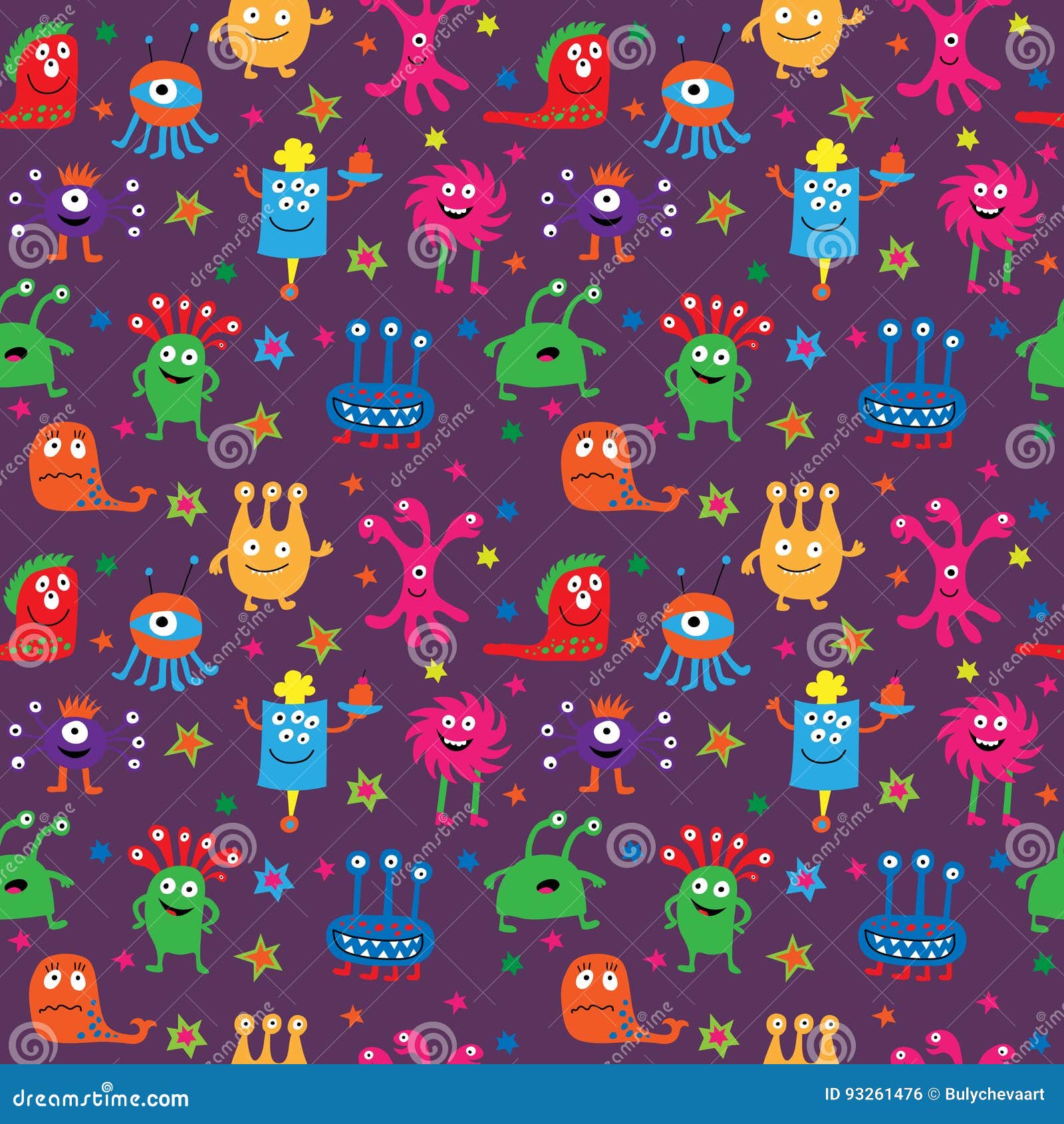 Seamless Pattern With Cute Aliens On A Violet Background Stock Vector ...