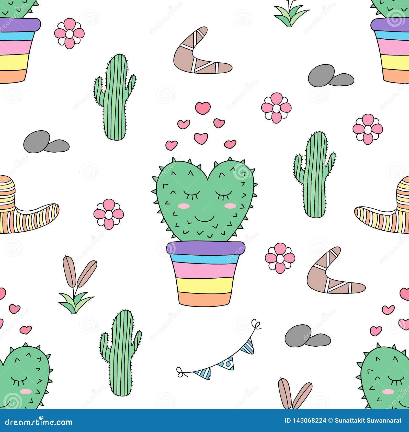 Seamless Pattern Cute Cactus Cartoon Hand Drawn Style. Stock ...