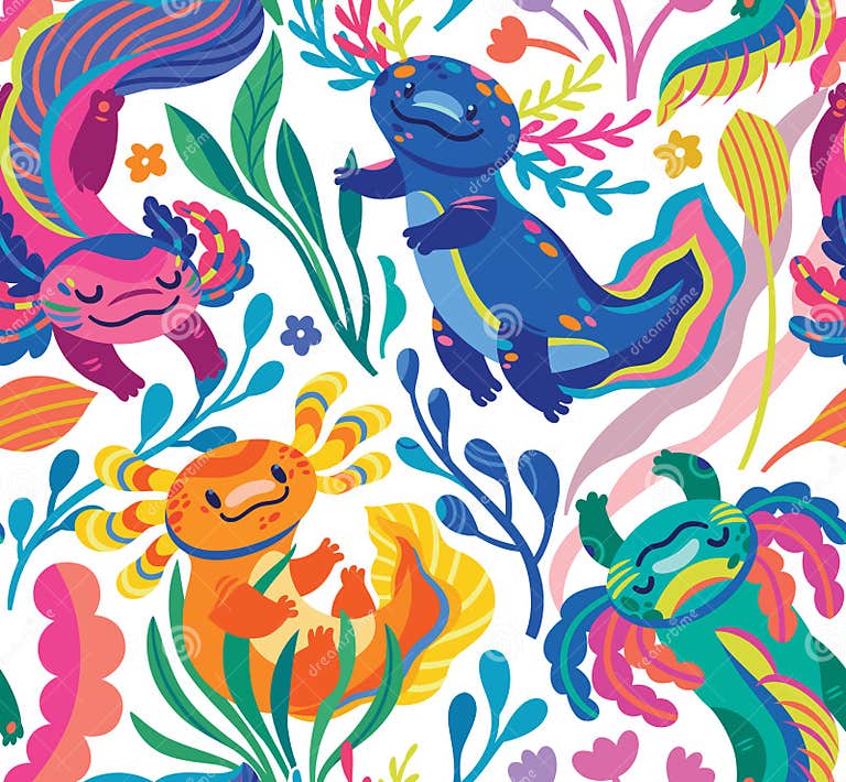 Seamless Pattern with Cute Cartoon Axolotls, Amphibian Creatures are ...
