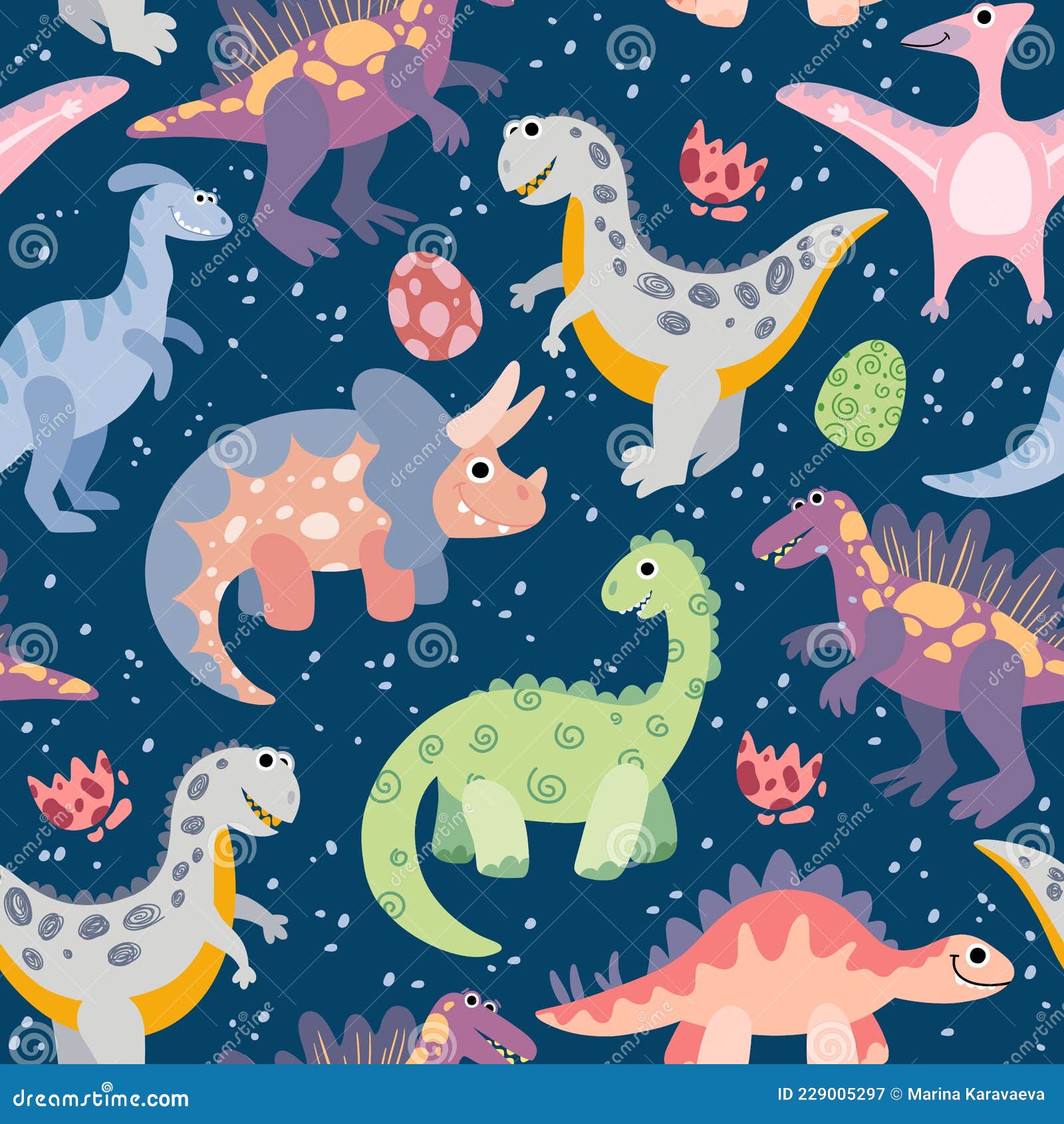 Seamless Pattern with Cute Cartoon Dinosaurs. Stock Vector - Illustration  of flat, brontosaurus: 229005297