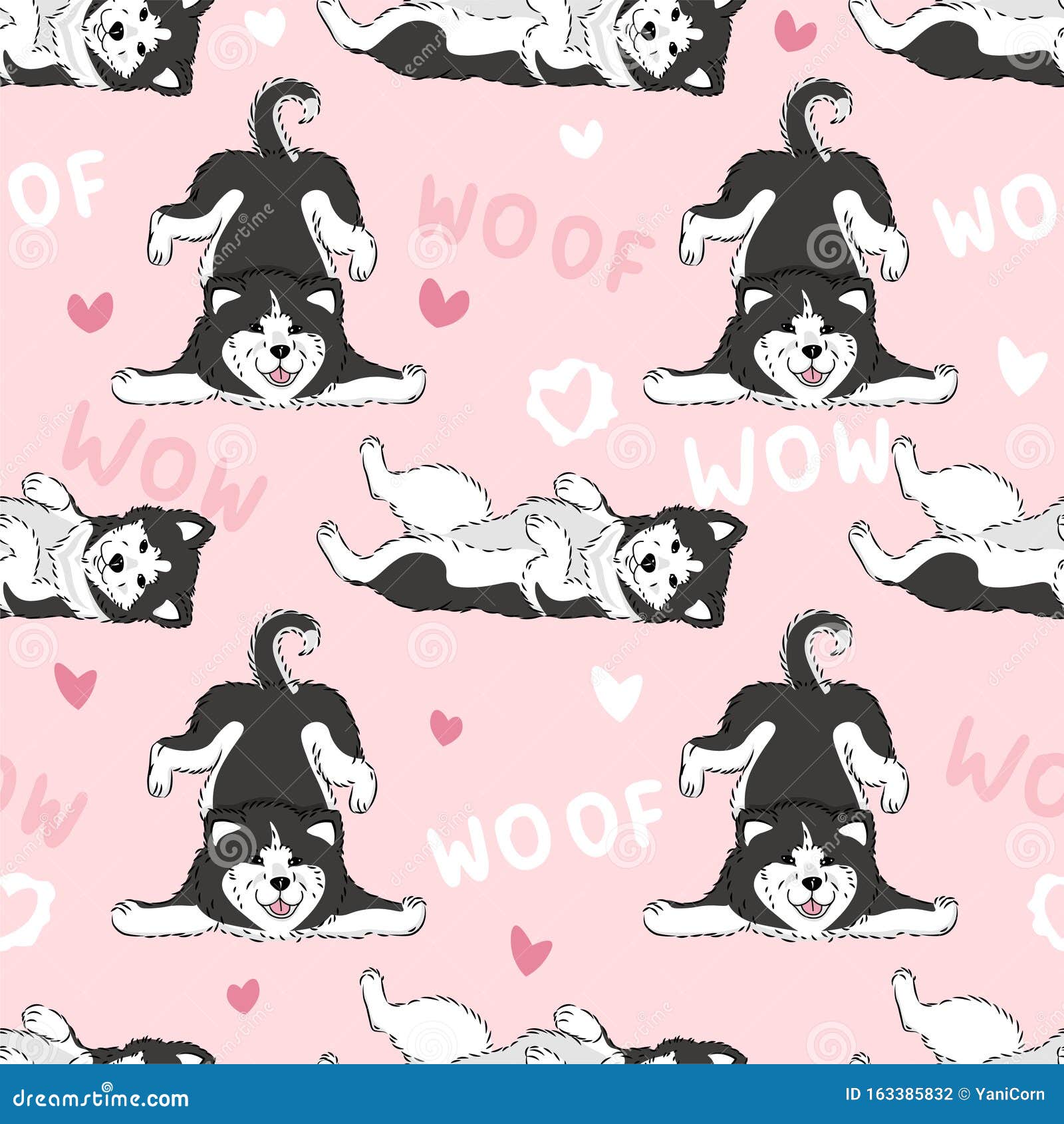 seamless pattern with cute cartoon drawing dogs husky or alaskan malamute, funny adorable pets, on pink background with hearts,