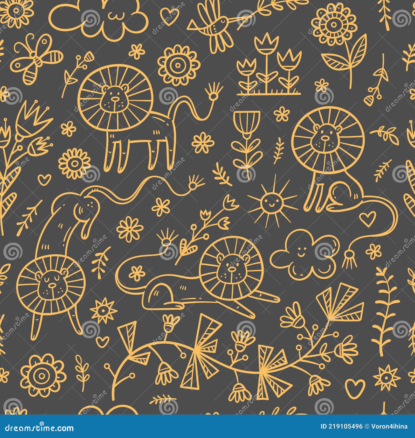 Seamless Pattern with Cute Cartoon Lions on Dark Background. Funny Animals  Wallpaper. Doodle Herbs and Flowers Print. Stock Vector - Illustration of  contour, animals: 219105496
