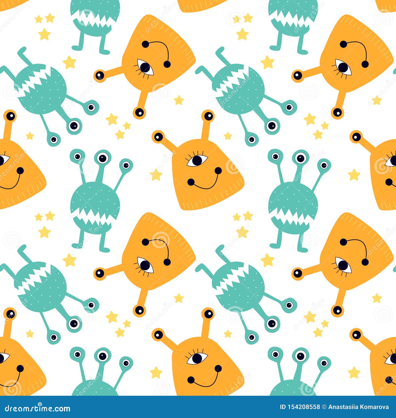 Seamless Pattern with Cute Cartoon Monster and Stars and Moon. Modern ...