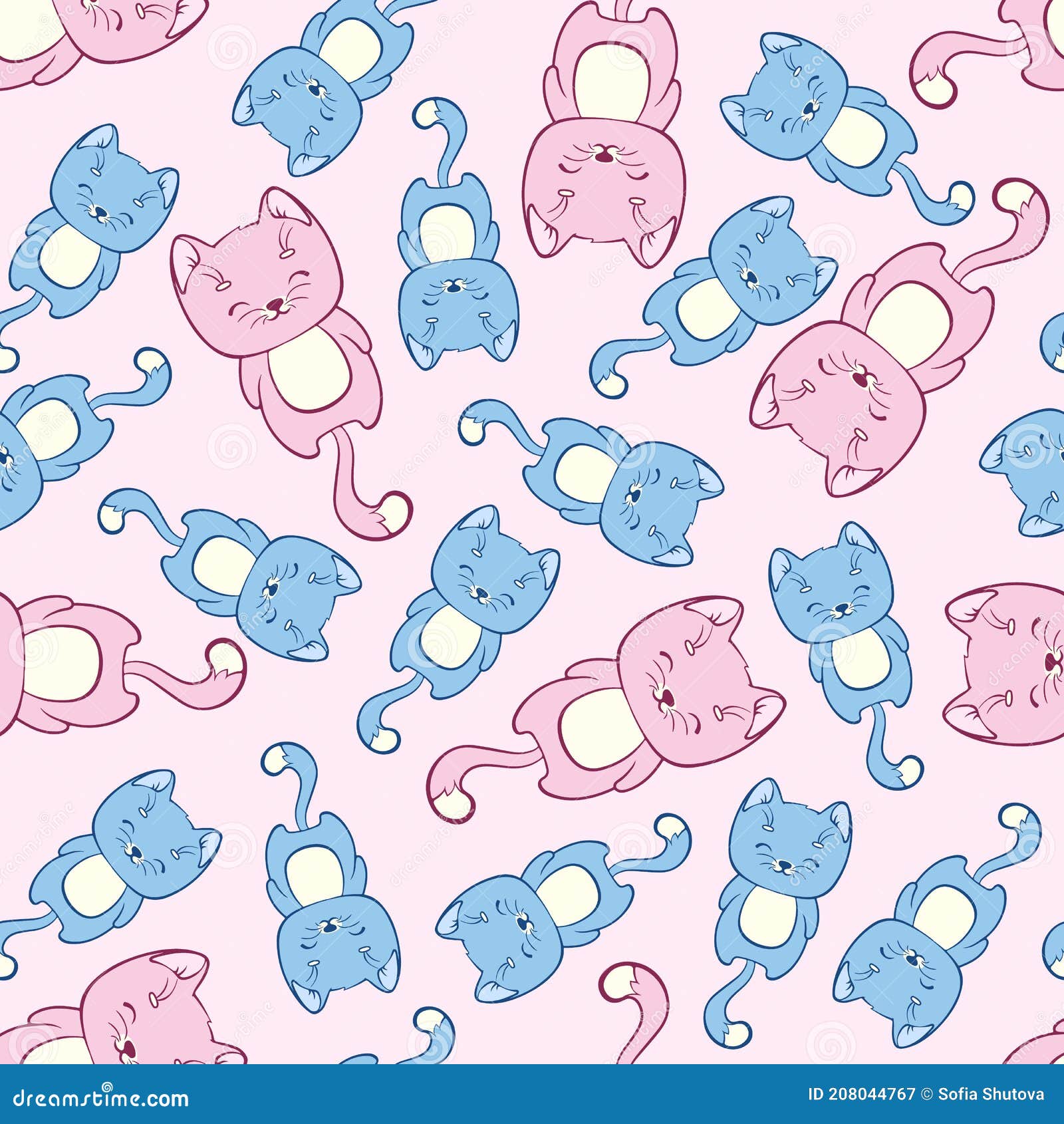 Seamless Pattern of Cute Cats in Kawaii Style. Cartoon Animals Vector ...