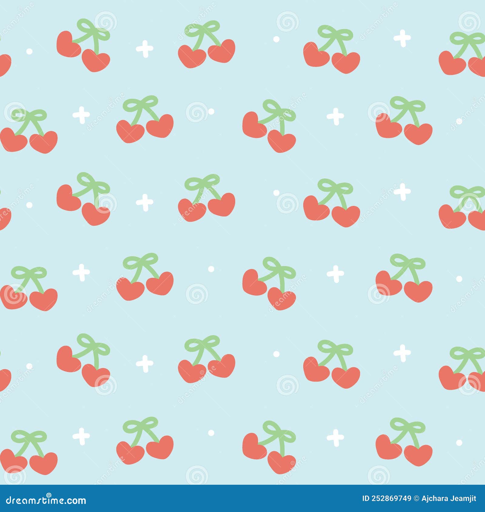 Seamless Pattern of Cute Cherry in Heart Shape on Blue Background Stock Vector Illustration of