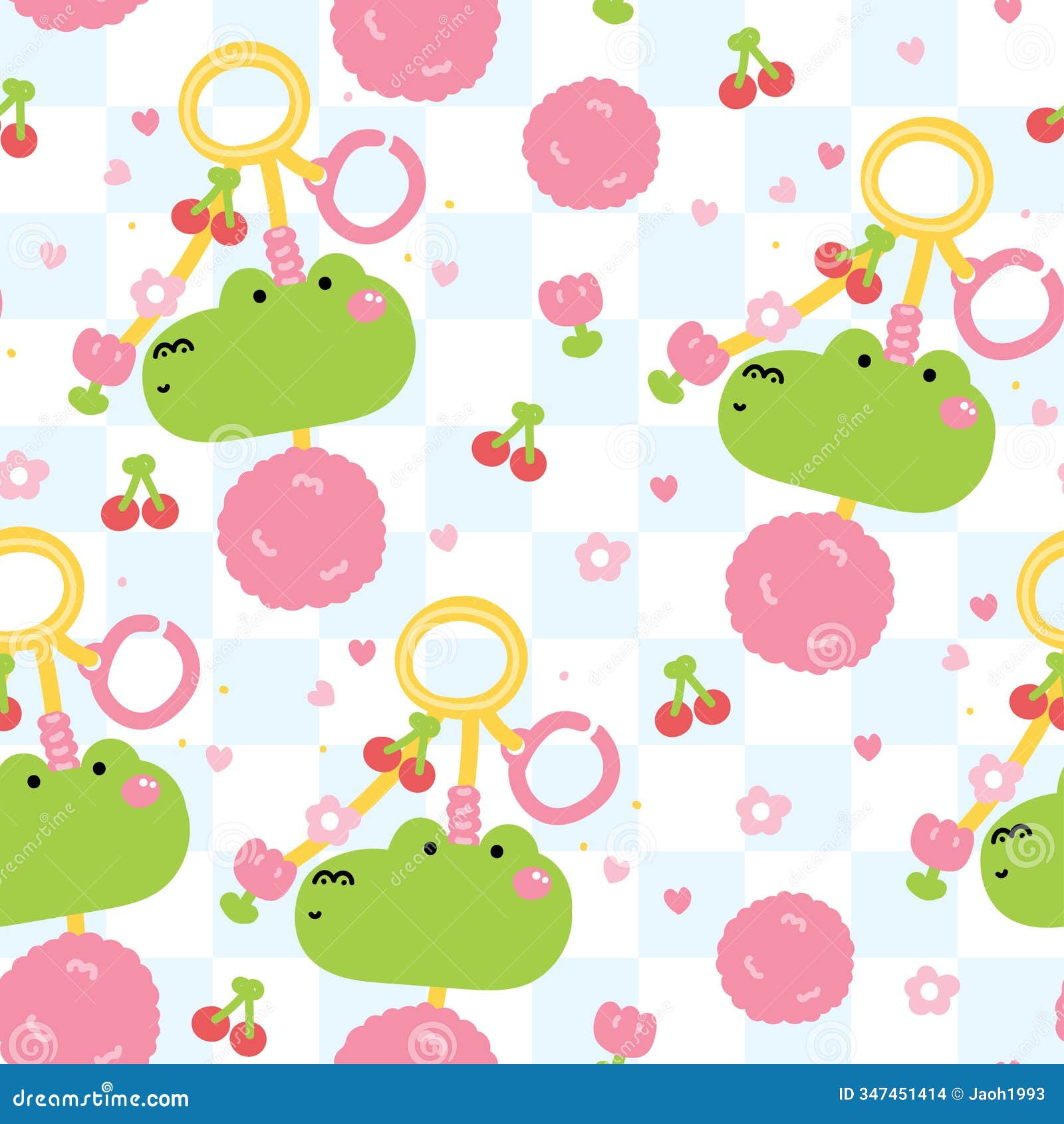 seamless pattern of cute crocodile face head keychain bag with bead background.flower