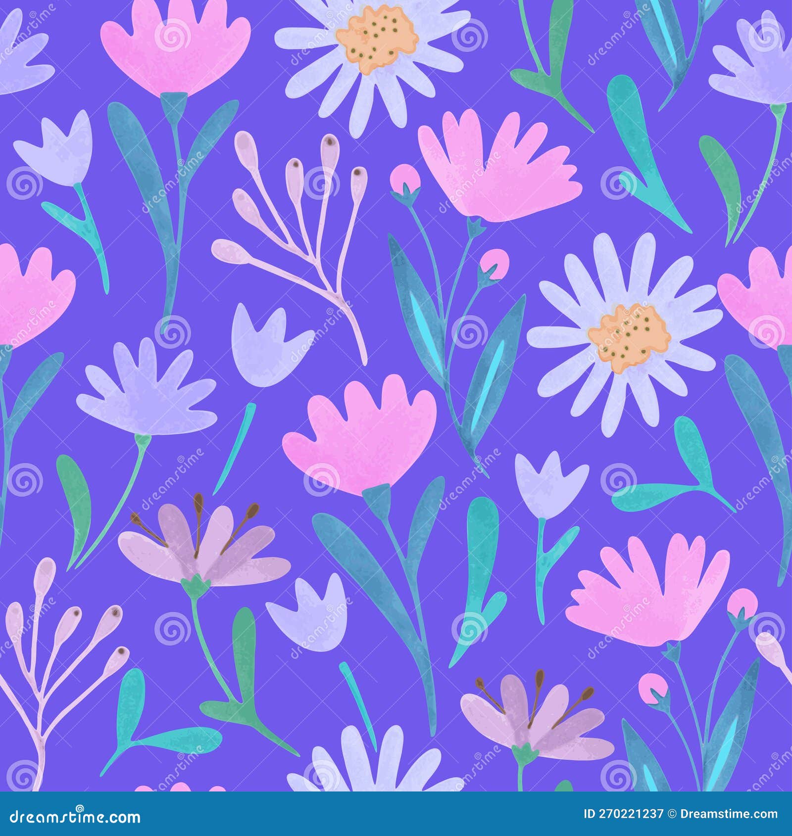 Seamless Pattern with Cute Doodle Pastel Flowers. Vector Illustration
