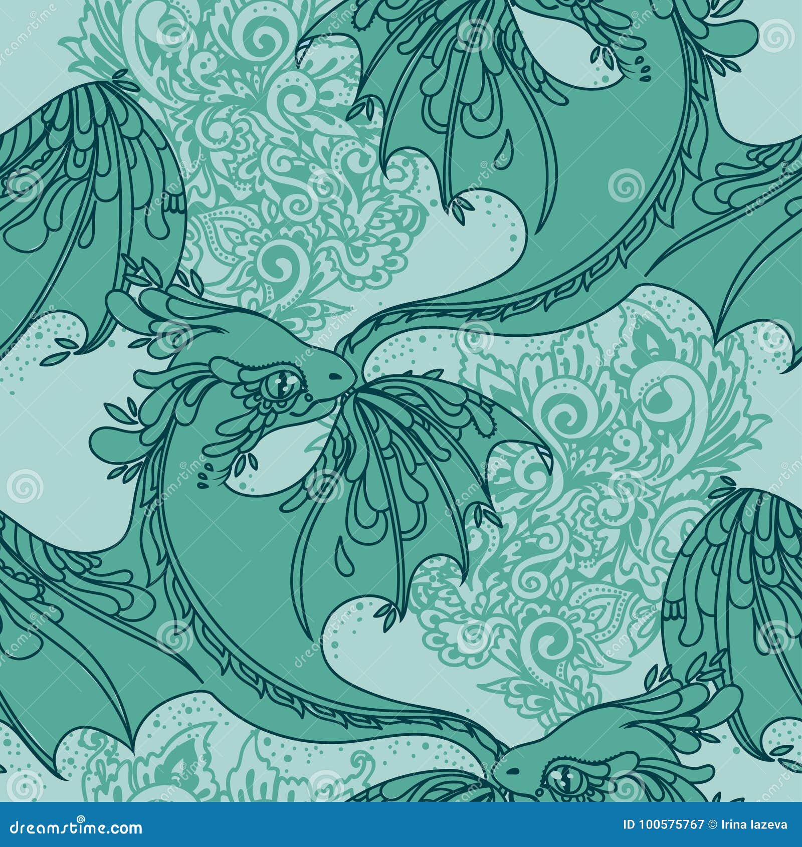 Seamless pattern with cute fantasy dragons, vector illustration