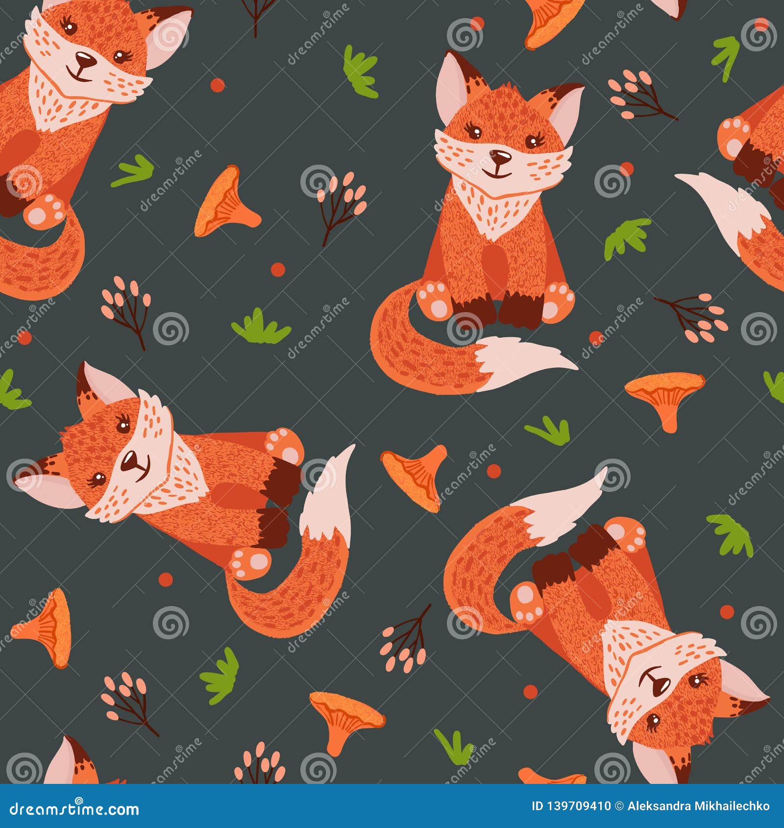 Seamless Pattern with Cute Fox on Gray Background Stock Vector ...