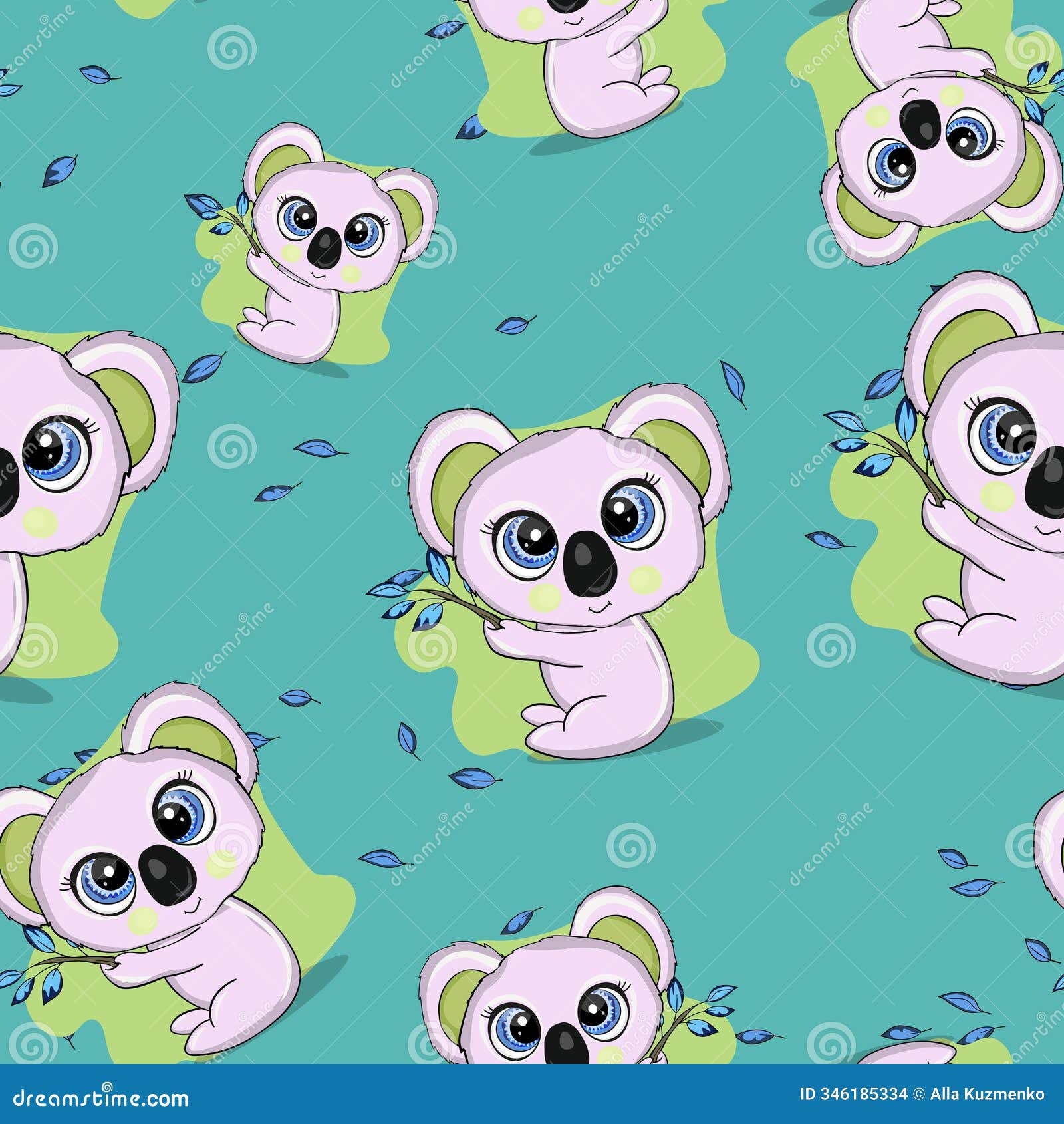 seamless pattern with cute koala baby on color background. funny australian animals. card, postcards for kids. flat