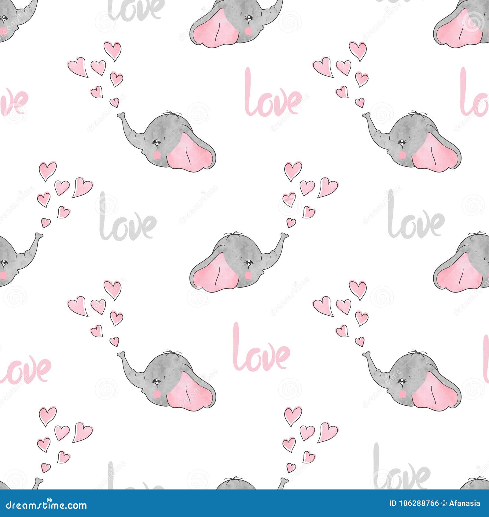 Seamless Pattern with Cute Little Elephants and Hearts. Stock Vector ...