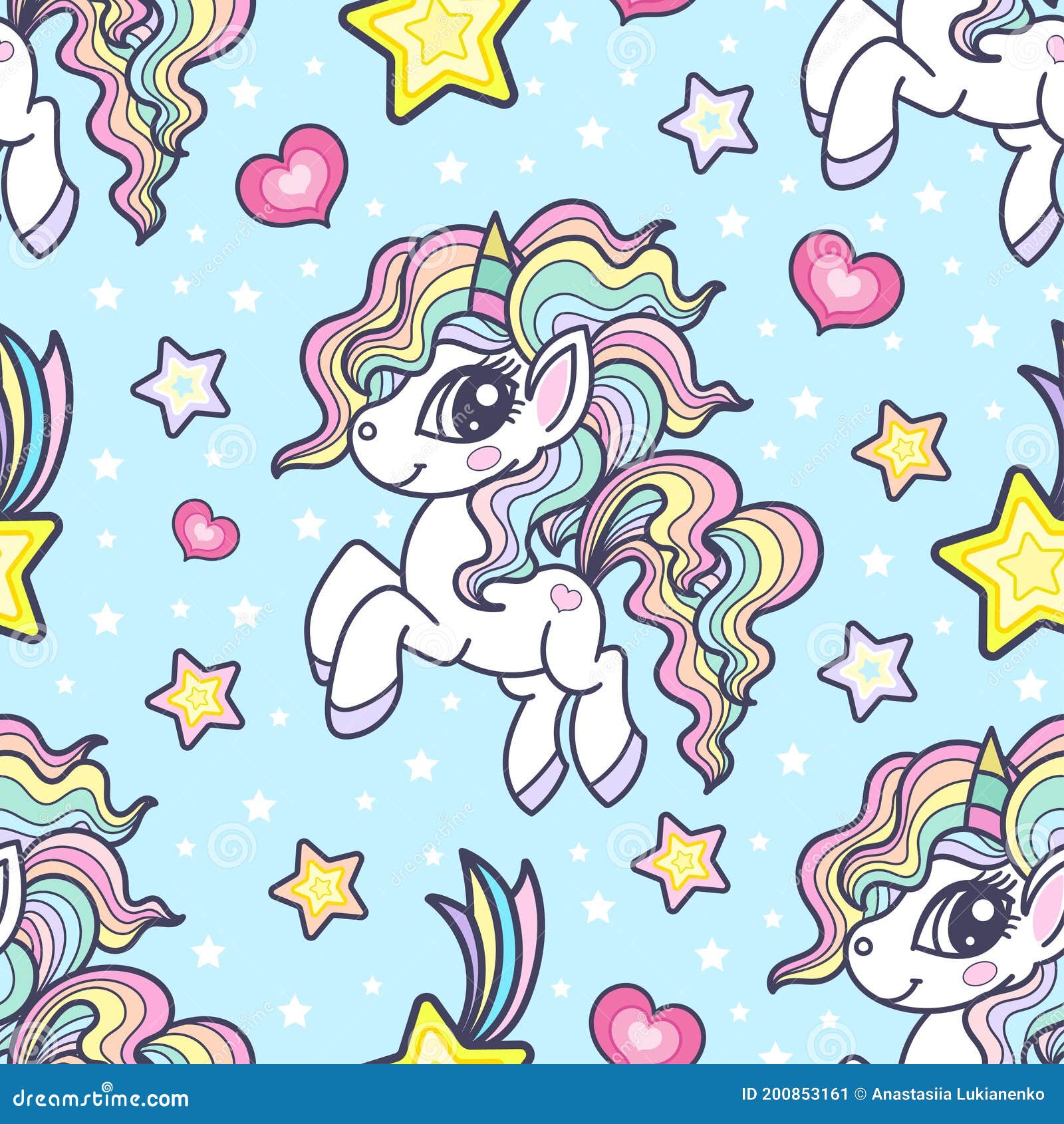 Seamless Pattern with Cute, Little Unicorns on a Blue Background ...
