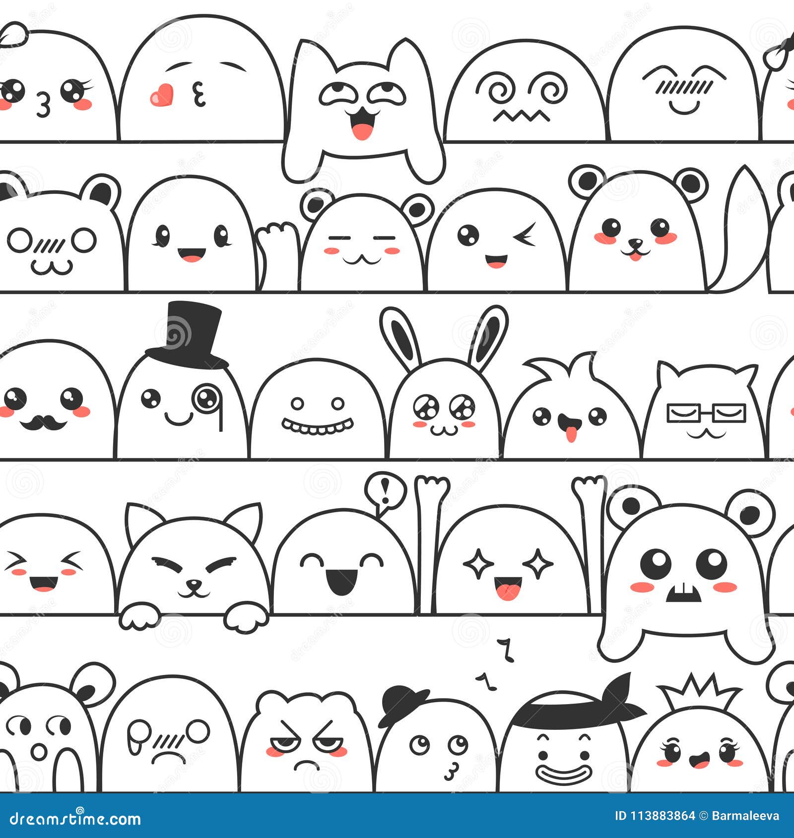 seamless pattern with cute lovely kawaii monsters and animals. doodle cartoon clouds with faces in manga style. cute