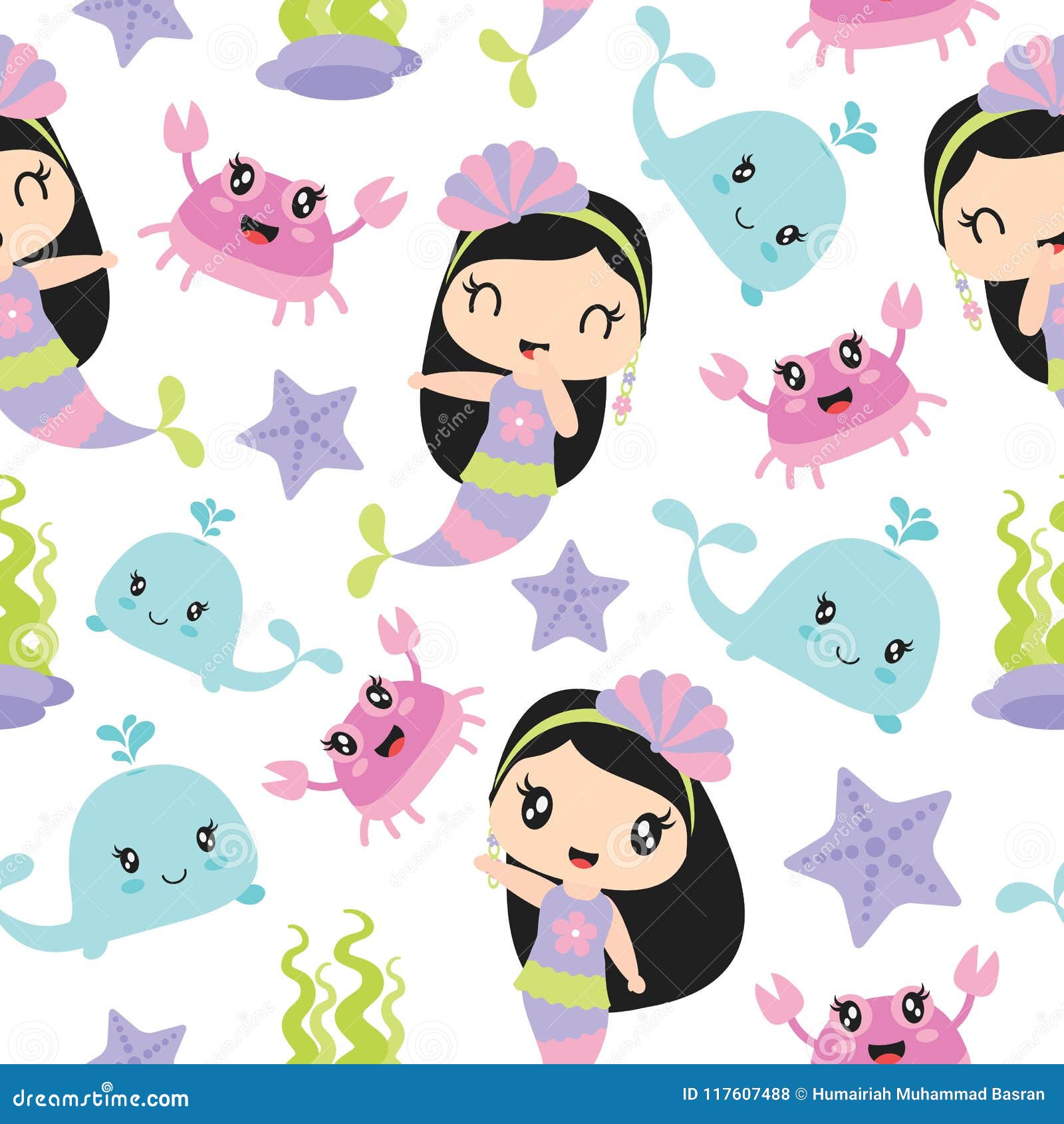 Seamless pattern with cute mermaids, seaweed and fishes Stock Vector Image  & Art - Alamy